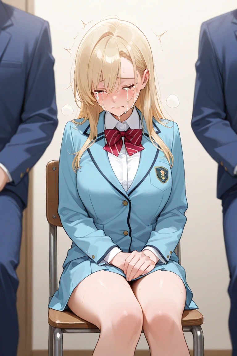 Highest quality,8K,Detailed illustrations,School classroom,(Sweating all over:1.2),(the girl is surprised to be found by someone),(2 dressed boys look at the naked girl:1.4),(distant view:1.3),(The boys are embarrassed because they accidentally caught her masturbating),(boys are very embrrassed),(boys are dressed),(the girl was masturbating in secret but was caught)