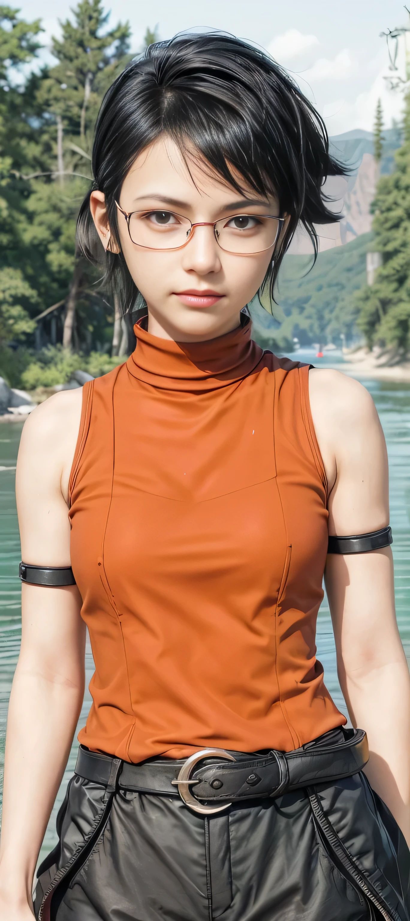 masterpiece, best quality, (realistic,photo-realistic:1.4), (RAW photo:1.2), extremely detailed CG unity 8k wallpaper, delicate and beautiful, amazing,finely detail, official art, absurdres, incredibly absurdres, huge filesize, ultra-detailed,extremely detailed eyes and face,light on face,sarada,(smirk:1.4),(black hair:1.4),(undercut hair:1.7),sarada uchiha ,(wearing black framed glasses:1.5),(lake background:1.5),(final fantasy outfit:1.5),black belt, green short