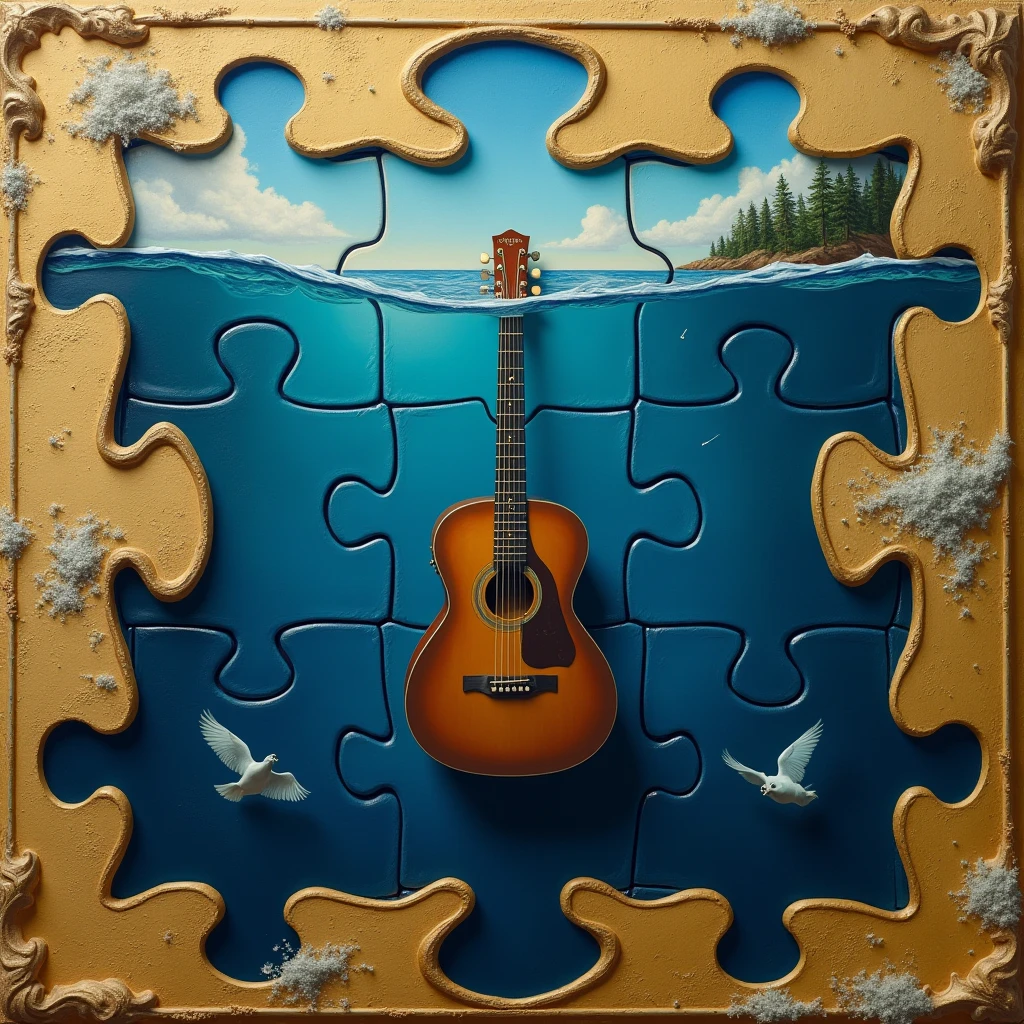 A background painted entirely in deep shades of blue—rich navy, abyssal gradients, and soft ocean hues—sets the tone of the scene, representing not the surface, but the immersive depth of the sea.

At the heart of this vision, the entire scene is crafted as a single, oversized puzzle piece—not part of a puzzle, but the puzzle itself. It’s a symbolic representation of identity and completeness, shaped with soft curves and edges that echo the classic puzzle form. We are not outside the puzzle—we are within it.

The ocean in this piece is not shallow or decorative; it is profoundly deep, almost endless. Within its depths, clearly visible and suspended in motion, lies aguitar—bold and deliberate. It floats with quiet power, symbolizing music, memory, and expression, resting inside the still silence of the water.

Surrounding the scene is a luxurious golden frame, seamlessly integrated into the shape of the puzzle piece itself. It doesn’t just surround—it enhances, following the curves and edges of the puzzle form, giving the entire visual a sense of richness and intentional design.

The composition retains its vintage painterly style, enriched with symbolic meaning and nautical influence. Subtle textures from an aged nautical map wrap around the edges, while soft white clouds drift near the horizon. The deep blues and golden tones blend with purpose, balancing elegance with mystery.

This is not just a visual. It is a statement.
We are the piece and the whole. The voice in the deep. The shape that holds meaning.
A surreal vintage puzzle of identity and memory—deep, symbolic, and framed in gold.