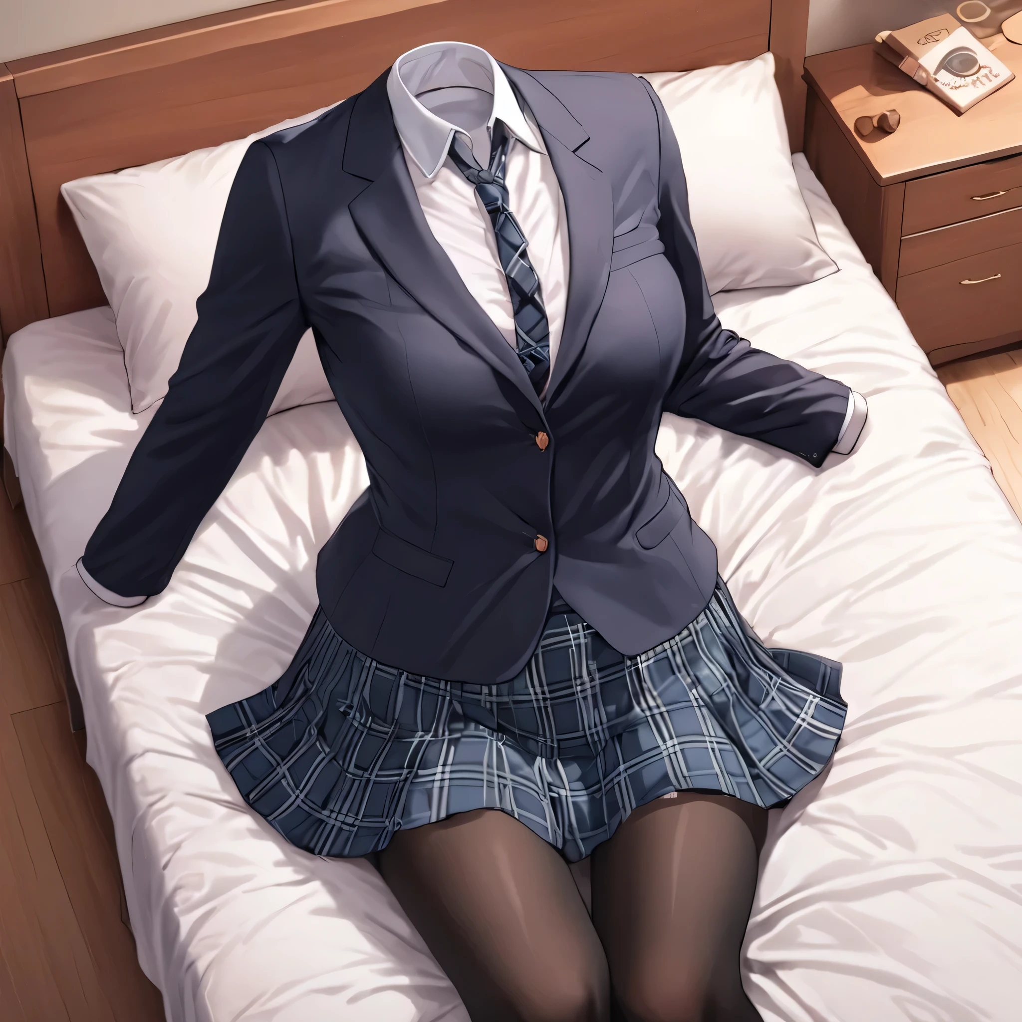 (invisible:1.5, no humans:1.5, headless:1.5, faceless:1.5), ( school blazer, black pantyhose, on bed:1.2), plaid skirt, long sleeve, bra cleavage, (big breast), (best quality, masterpiece:1.2), detailed cloth texture, detailed anime, super fine illustration