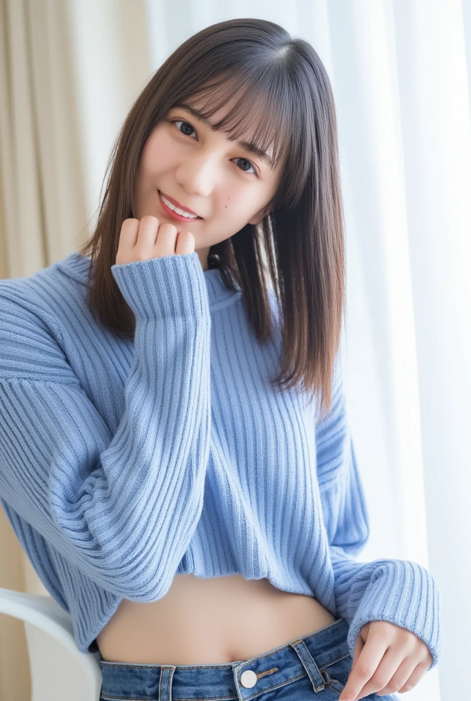 ((Thin long-sleeved knit,、Detailed panties、thighs thighs thighs thighs:1.2))、Moe Sleeve、(realisitic、Photorealsitic、ultra-detailliert、Highest Details Skins、top-quality、​masterpiece、超A high resolution)、Cute Japan Woman、28 year old、younggirl、I have bangs、二重まぶた、drooing eyes、Large black eyes、Japanese style face、Cute smile、Charming、purity、Straight face、double tooth、View here、Realistic skin type