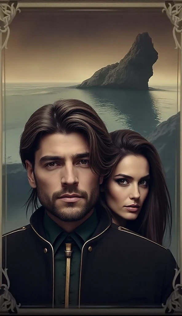 Please increase the background. Behind the man, a long-haired woman with long hair and dark eyes and dark lips is standing and looking at the camera