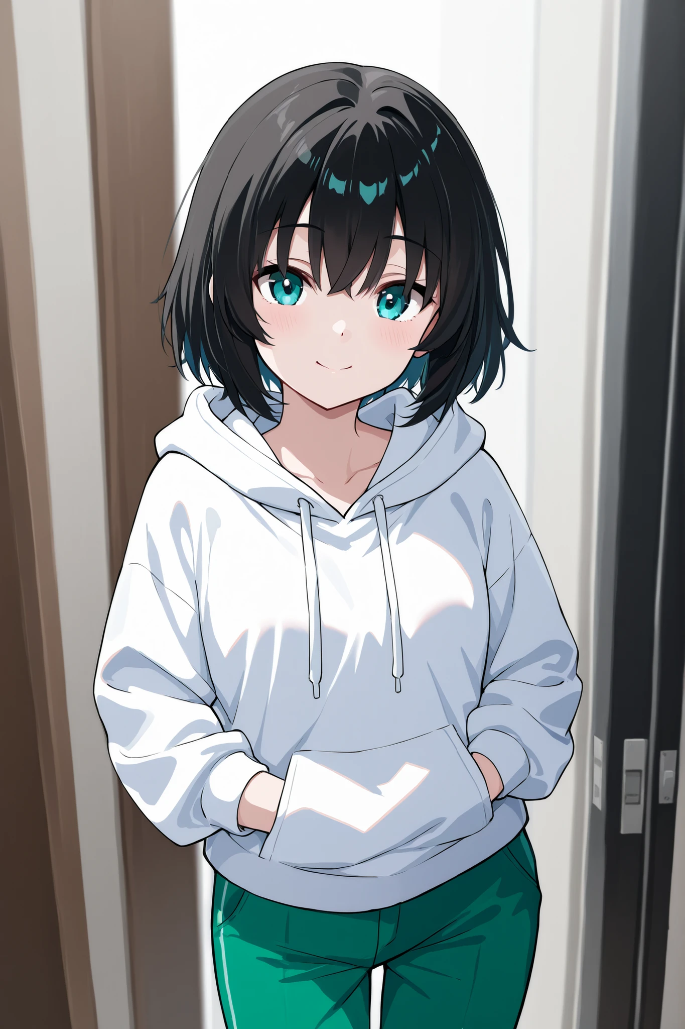 I am Japanese.。I'm in my twenties。The hair is black and both sides have been trimmed。Change the top to all back1I'm taking it off in the back due to the construction。Your face is full of confidence。I'm wearing a white hoodie and green work pants。