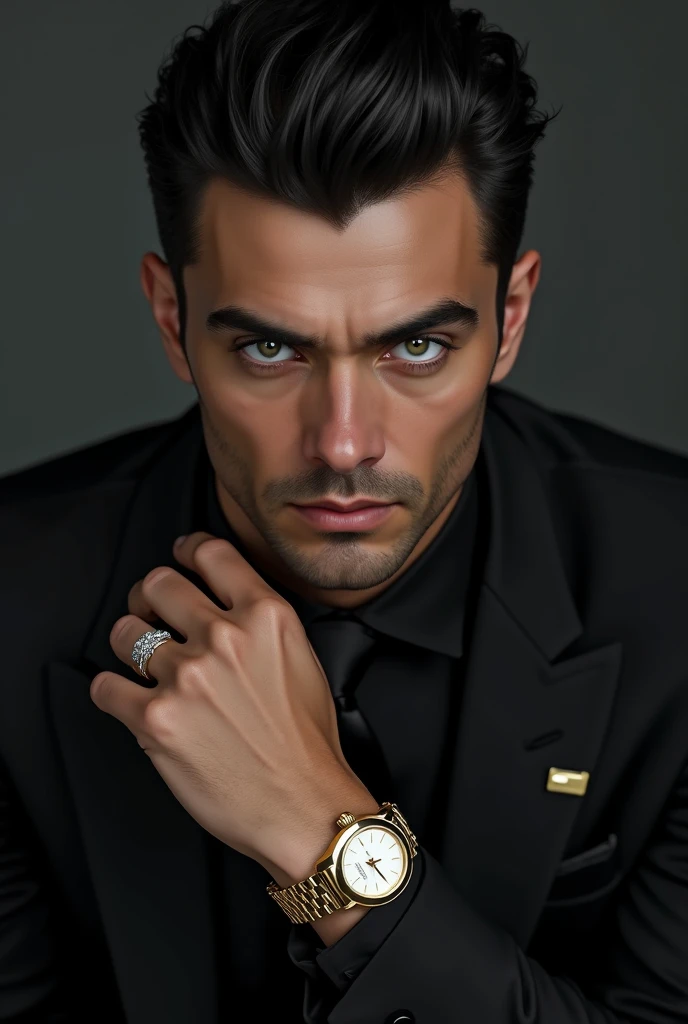   Test Men's Gray White Eyes with Physical Form 1:90 Black Hair Black Suit with loose tie with Rolex Gold Bracelet and a silver ring on the finger 
