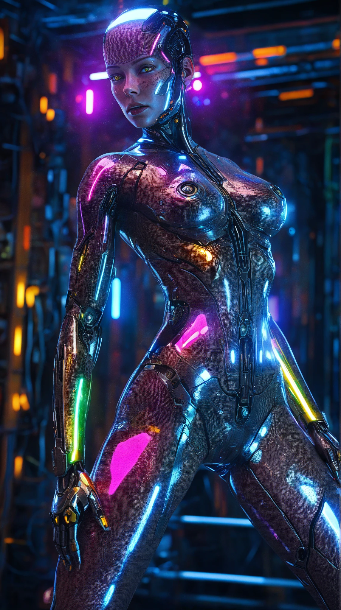 a futuristic liquid metal humanoid figure with an iridescent glow, (best quality,4k,8k,highres,masterpiece:1.2),ultra-detailed,(realistic,photorealistic,photo-realistic:1.37),concept art, advanced biotechnology, shapeshifting capabilities, powerful microbial swarm and bioluminescent blades, advanced sensors, energy propulsion system, neural interfaces, adaptive shielding, extremely detailed metallic body, glowing bioluminescent details, intricate mechanical components, dramatic lighting, cinematic composition, striking pose, hyper-realistic, digital art