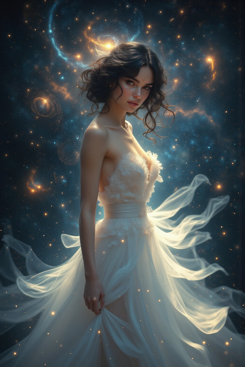 connection of universe and stars with drawn image of woman with dark wavy hair with a mole on her left cheek and white dress