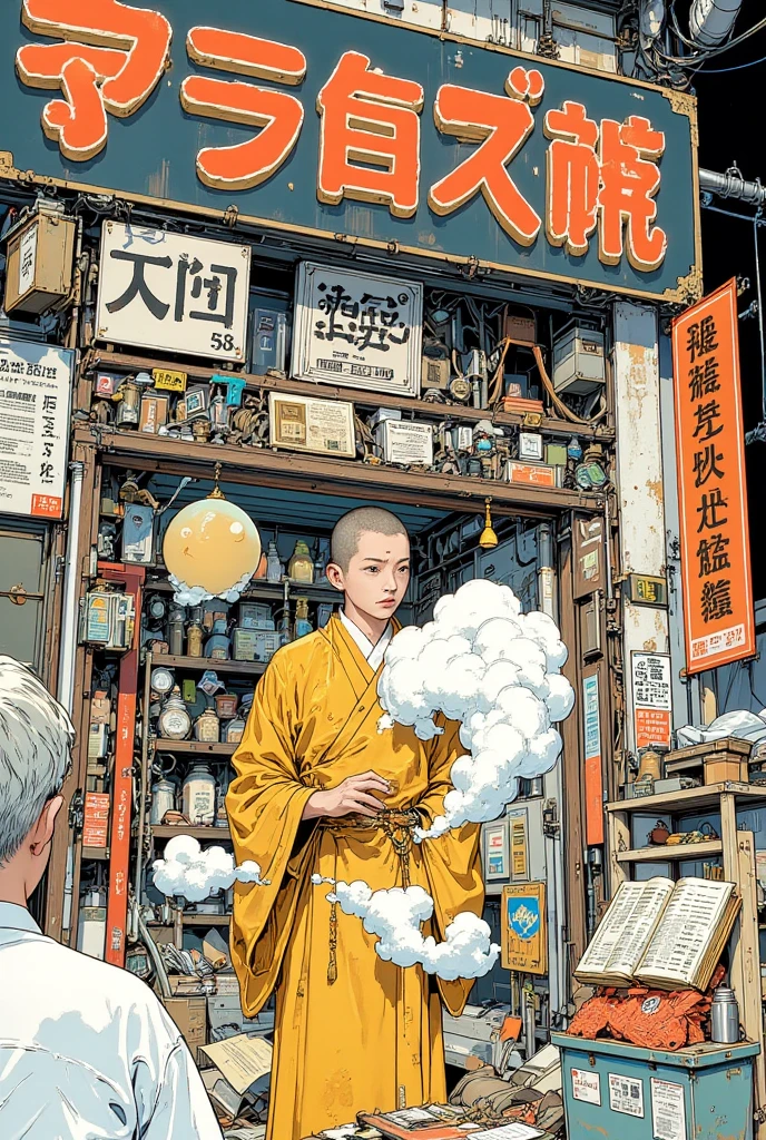Create a surreal and humorous color illustration for the historical Japanese pun “ゴミ屋(538)の坊さん、仏教伝える.”
The image should feature a messy garbage shop (ゴミ屋) where a monk is standing or emerging, dramatically and comically preaching or delivering Buddhism.
The monk can look exaggerated or absurd, and the scene should have surreal elements like floating scriptures, oversized prayer beads, or random junk turned into Buddhist icons.
The overall style should appeal to Japanese middle and high school students—bold, a little weird, and visually engaging.
Please make it in color and avoid realistic or traditional textbook styles.