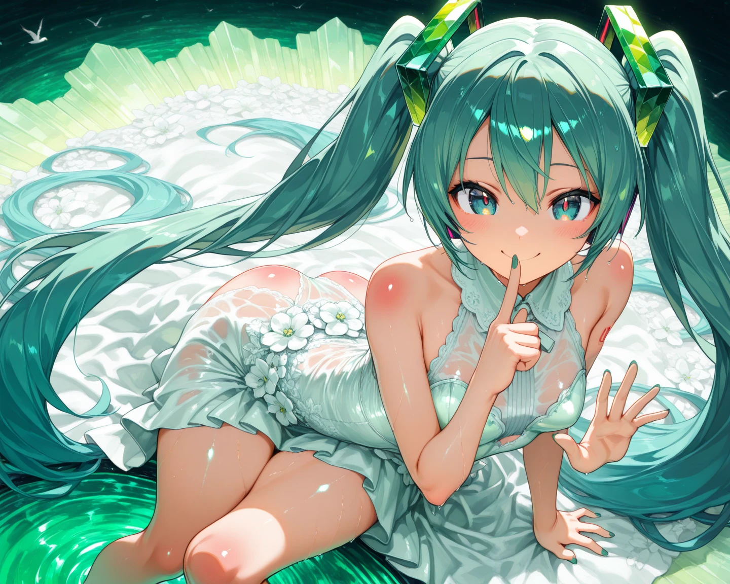 masterpiece, Top quality, Ultra high definition, Maximum resolution, Very detailed, Clean skin, Anime, Flipping panties with hands, Flipping bra with hands, Pulling clothes with hands, Full body, Nude, Slender, Very cute, Young face, 13 year old girl, Red eyes, Semi-long hair, Silver hair, Braided hair, Lying down, Wide open legs, Raised legs, Flipping clothes with hands, Twisting clothes with hands, White costume, rabbit ears, bunny girl, semi-undressed, wet clothes, wet body, thin-skinned clothes, clothes with visible tips of breasts, sweat, breasts protruding from clothes, clothes with sheer tummy, under breasts, embarrassing, blush, show off, cleavage, crotch shows through, areola see-through, pubic area open, open, pubic area visible, vaginal launch, minora, penetration, white liquid, with two men
