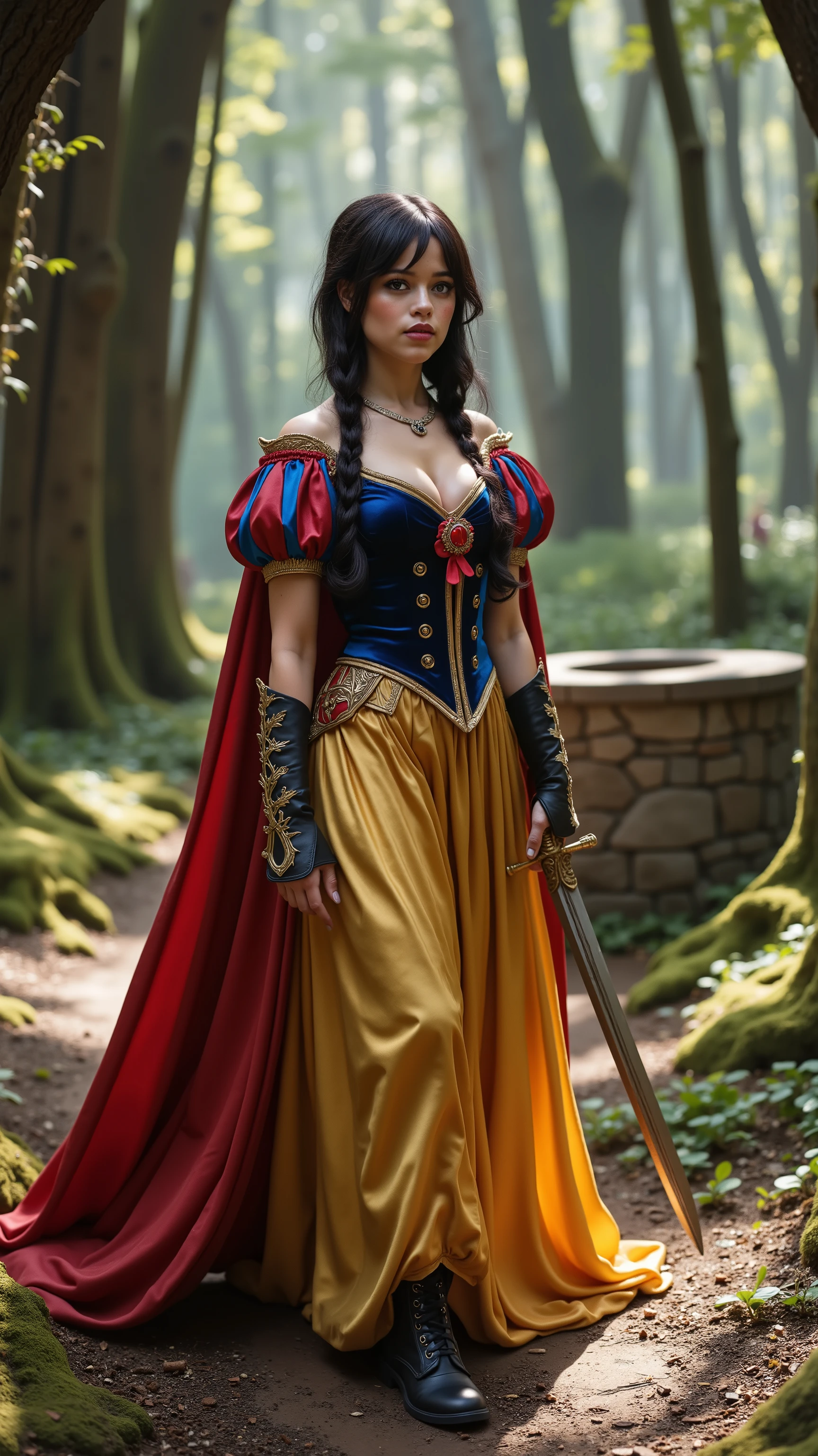 Jenna Ortega reimagined as Snow White-Warrior walking and holding a short, ornate sword, dramatic atmosphere, 1 female, full figure, full body,
Her short, wavy black hair is now partially pulled back into tight braids for combat, but the signature red satin bow remains, slightly weathered. Her eyes are sharper, focused — the innocence replaced by alert readiness. A faint smudge of earth darkens one cheek.
She wears a modified version of her royal gown. The deep blue velvet bodice is now reinforced with light armor plating along the shoulders and torso, accented with golden rivets. Her puffy ruby-and-blue sleeves are shortened and cuffed at the elbows, trimmed with the same gold thread.
The golden silk skirt is now split into layered panels for movement, revealing fitted dark trousers beneath. Her red satin cape remains, tattered at the edges but still flowing — the floral clasp replaced with a bronze apple-shaped emblem.
Her black shoes are now replaced by dark leather combat boots with gold lacing.
She holds a short, ornate sword in one hand, its hilt shaped like a twisted vine with a ruby pommel. A small dagger is strapped to her thigh.
Big breasts、 alluring 、shows her female character's full figure, athletic body, perfect face, full body, extremely beautiful, goddess, female shape, perfect anatomy, The background shows a magical forest clearing — dappled sunlight filters through tall, moss-covered trees. A stone well stands nearby, surrounded by forest flowers. Woodland animals peek from behind the trees and a gentle breeze stirs the leaves. The atmosphere is peaceful, fairytale-like, Sunny day, photorealistic, masterpiece, realistic, high contrast, 8k, HD, high definition detailed, detailed, hyper detailed, realistic skin texture, best quality, ultra high resolution, hyper realistic, no text, very detailed eyes, dramatic lighting