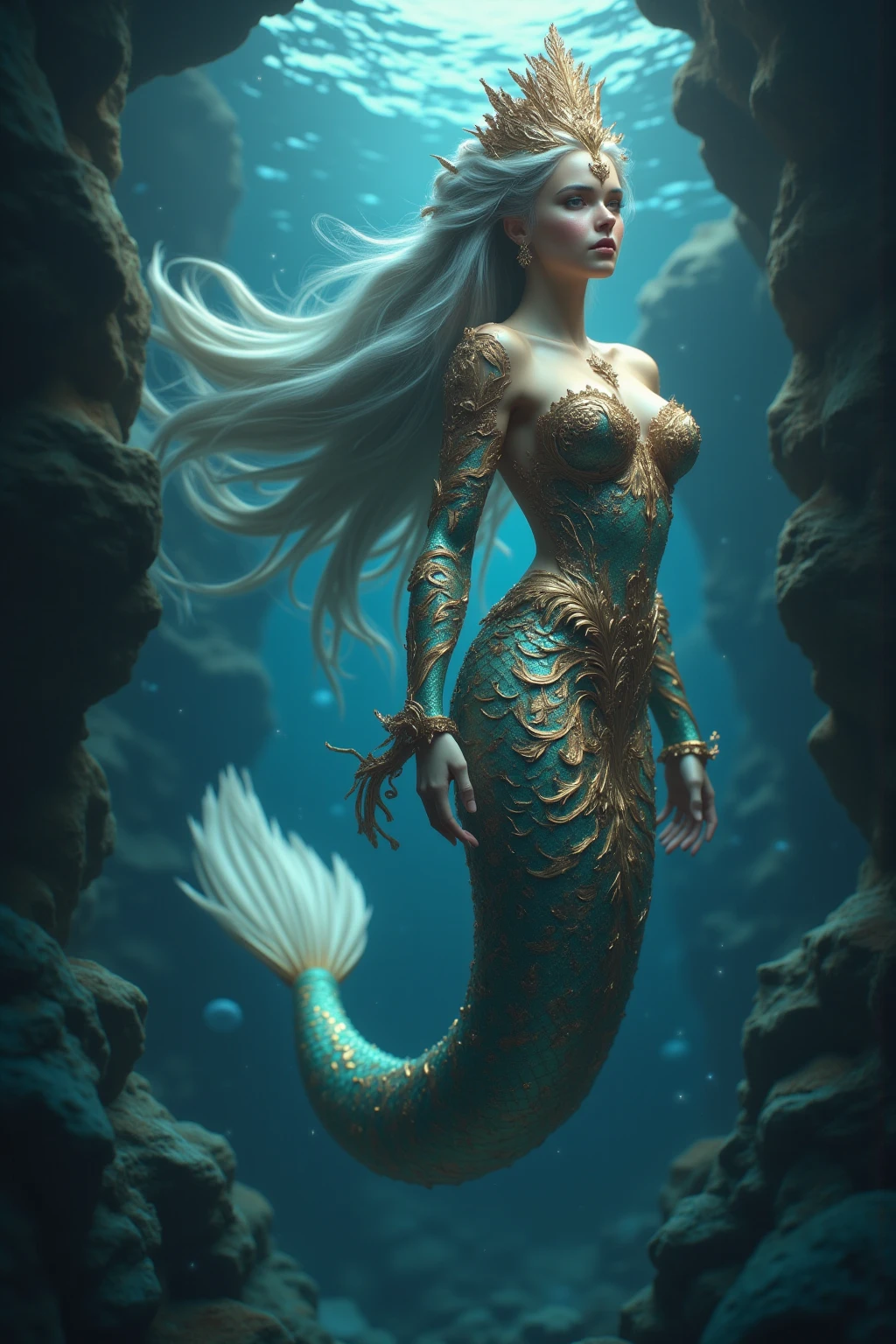 A slim young tropical mermaid jenna ortega, she has extremely long wavy lush hair, teal eyes and tanned skin, stirped skin, glossy scales, she wears sea shell inspired jewellry, she has glossy cyan and blue striped tail, she is swimming at clear tropical island waters, fantasy Theme, nautical Theme, Fiverr Dnd Character, Octane Render, Digital Art, Extreme Detail, 4k, Ultra Hd, Polished, Beautiful, Hyperdetailed, Intricate, Elaborate, Meticulous, Photorealistic, Sharp Focus, Wlop, Character Design, Unreal Engine, 3d Rendered, Volumetric Lighting, Reflections, Glossy, Digital Illustration, Sensual Pose, Suggestive Pose, Lewd, Full Body Shot, anatomically correct 💖❤💕💋❣