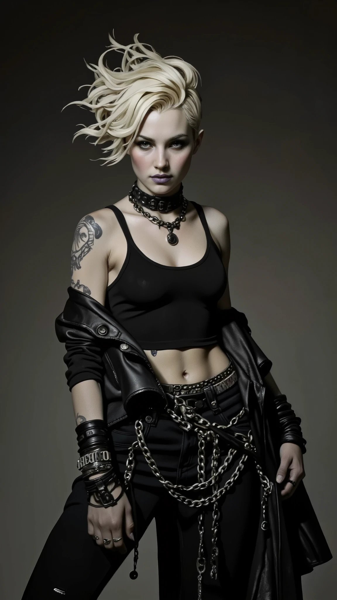 a punk girl, student, hooligan, short messy white hair, purple eyes, black punk clothes, punk, chains, black sleeveless top, baggy black pants, sadistic smile, aggressive, dark purple lipstick, thug, (best quality,4k,8k,highres,masterpiece:1.2),ultra-detailed,(realistic,photorealistic,photo-realistic:1.37),cinematic lighting,dramatic shadows,gothic,dark fantasy,moody,dramatic, leather jacket hanging from the shoulders pumped up muscles