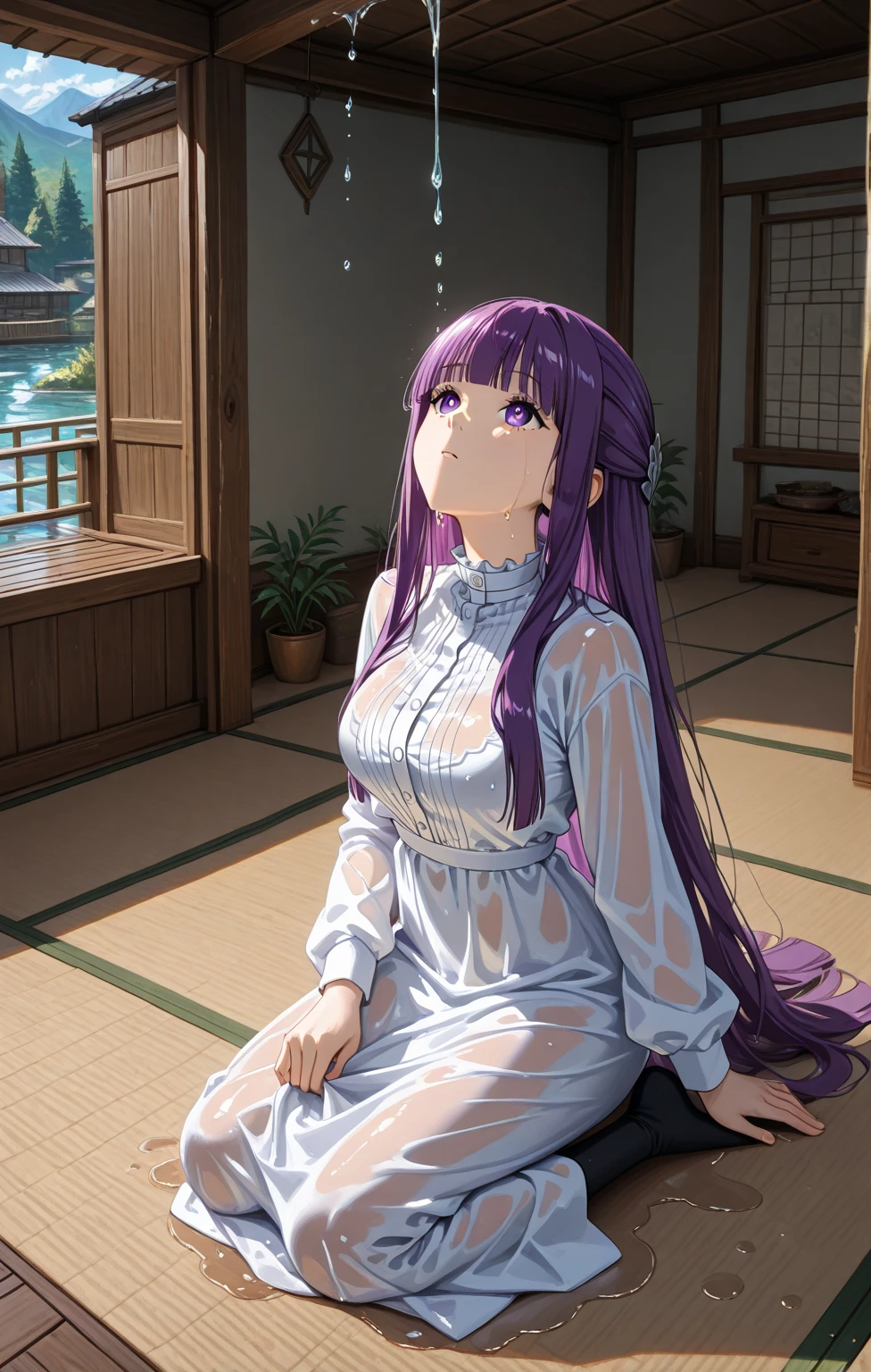 BREAK looking at viewer, BREAK (masterpiece:1.2), best quality, high resolution, unity 8k wallpaper, (illustration:0.8), (beautiful detailed eyes:1.6), extremely detailed face, perfect lighting, extremely detailed CG, (perfect hands, perfect anatomy)fern, long hair, bangs, (purple eyes:1.1), purple hair, sidelocks, blunt bangs, (bright pupils:1.5),onsen,hot springs, night, half updo,
long sleeves,Japanese clothes,yukata, sash, cleavege,neckline,stockings,from behind,upskirt,showing panties,camel toe,ass in camera,on knees