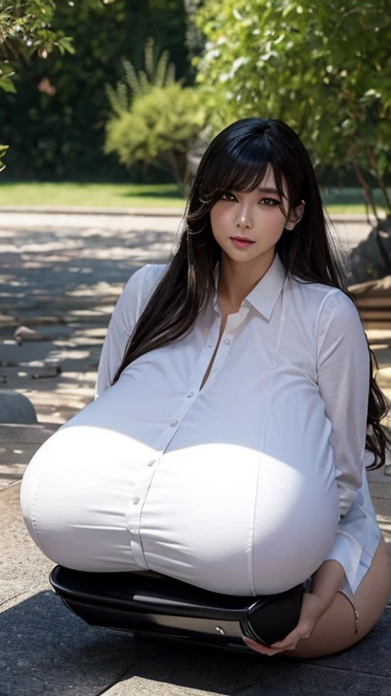 artistic nude photo of a slim japanese girl, (30 years old), black hair, bangs, nude (office lady skirt:1.2) unbuttoned (gigantic breasts:1.2) (puffy nipples:1.2) sagging breasts, (Extremely thin and slender lower body:1.1), park bench, sitting, Her legs are wide apart, white panties