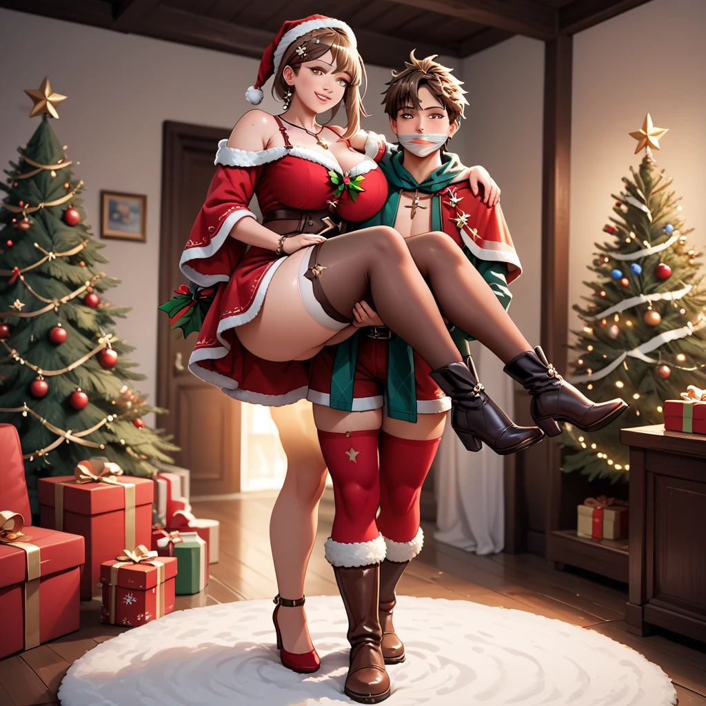 (nsfw:1.5)、top-quality、Full limbs、complete fingers、((Male and female couples))、(((naked man)))、Slender beauty、Women with straight hair、Woman with red hair、Beauty busty woman、(Detailed ultra-oily shiny skin:1.1)、oily shiny thighhigh、(Woman in perfect bright red Santa Claus leotard:1.3)、((Mr. wearing white high socks))、Woman wearing Santa Claus hat、((Character wearing a Santa cloak))、Sweating、(((Man is hugging woman from behind、Man is rubbing a woman's breast、Man is groping a woman's crotch)))、Wet texture、Luxurious bedroom、Luxurious king-size bed、Women are embarrassed、Woman is blushing、The woman feels good and is panting