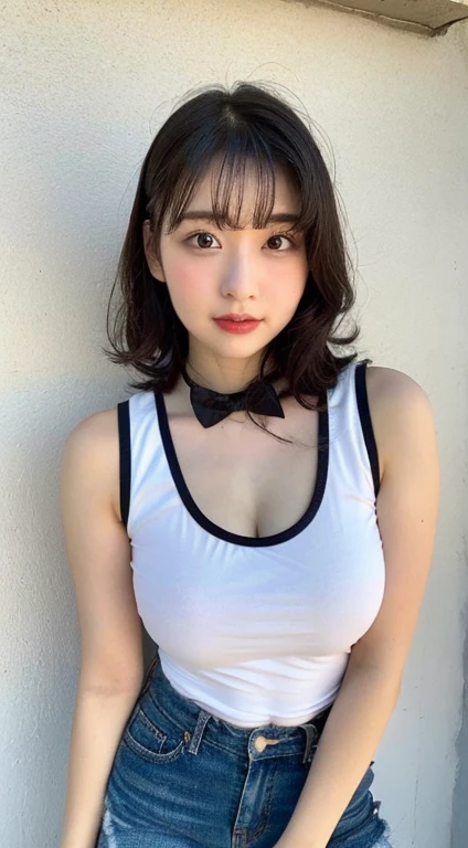 (highest quality, 8K, masterpiece ),12 year old junior high school student, bangs、black hair,big breasts、A chest that is about to burst、white shirt、tight mini skirt, Put the hem of the shirt in the skirt、super detailed face, double eyelid, Upper body、strong natural light、turn around and look at the viewer、NSFW