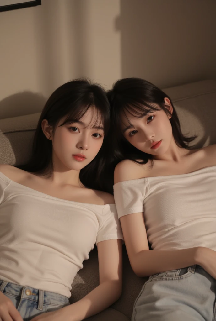 absurdres, RAW photo, extremely delicate and beautiful, masterpiece, Best Quality, ultra high resolution, 32k, hyperrealistic, ultra-detailed, delicate facial features, beautiful detailed woman, tearful mole, earring, medium breasts, full body shot, medium hair, black hair, cap, T-shirt, baggy shorts, 2 girls,