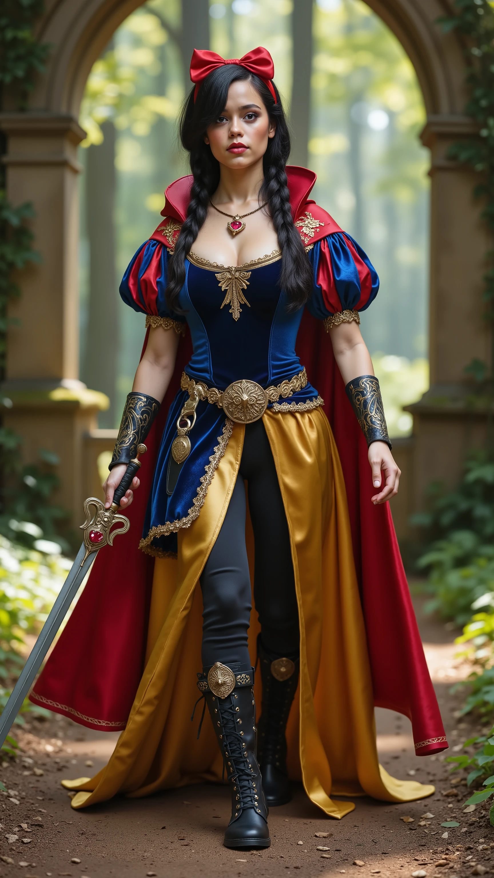 Jenna Ortega reimagined as Snow White-Warrior walking and holding a short, ornate sword, dramatic atmosphere, 1 female, full figure, full body,
Her short, wavy black hair is now partially pulled back into tight braids for combat, but the signature red satin bow remains, slightly weathered. Her eyes are sharper, focused — the innocence replaced by alert readiness. A faint smudge of earth darkens one cheek.
She wears a modified version of her royal gown. The deep blue velvet bodice is now reinforced with light armor plating along the shoulders and torso, accented with golden rivets. Her puffy ruby-and-blue sleeves are shortened and cuffed at the elbows, trimmed with the same gold thread.
The golden silk skirt is now split into layered panels for movement, revealing fitted dark trousers beneath. Her red satin cape remains, tattered at the edges but still flowing — the floral clasp replaced with a bronze apple-shaped emblem.
Her black shoes are now replaced by dark leather combat boots with gold lacing.
She holds a short, ornate sword in one hand, its hilt shaped like a twisted vine with a ruby pommel. A small dagger is strapped to her thigh.
Big breasts、 alluring 、shows her female character's full figure, athletic body, perfect face, full body, extremely beautiful, goddess, female shape, perfect anatomy, The background shows a magical forest clearing — dappled sunlight filters through tall, moss-covered trees. A stone well stands nearby, surrounded by forest flowers. Woodland animals peek from behind the trees and a gentle breeze stirs the leaves. The atmosphere is peaceful, fairytale-like, Sunny day, photorealistic, masterpiece, realistic, high contrast, 8k, HD, high definition detailed, detailed, hyper detailed, realistic skin texture, best quality, ultra high resolution, hyper realistic, no text, very detailed eyes, dramatic lighting