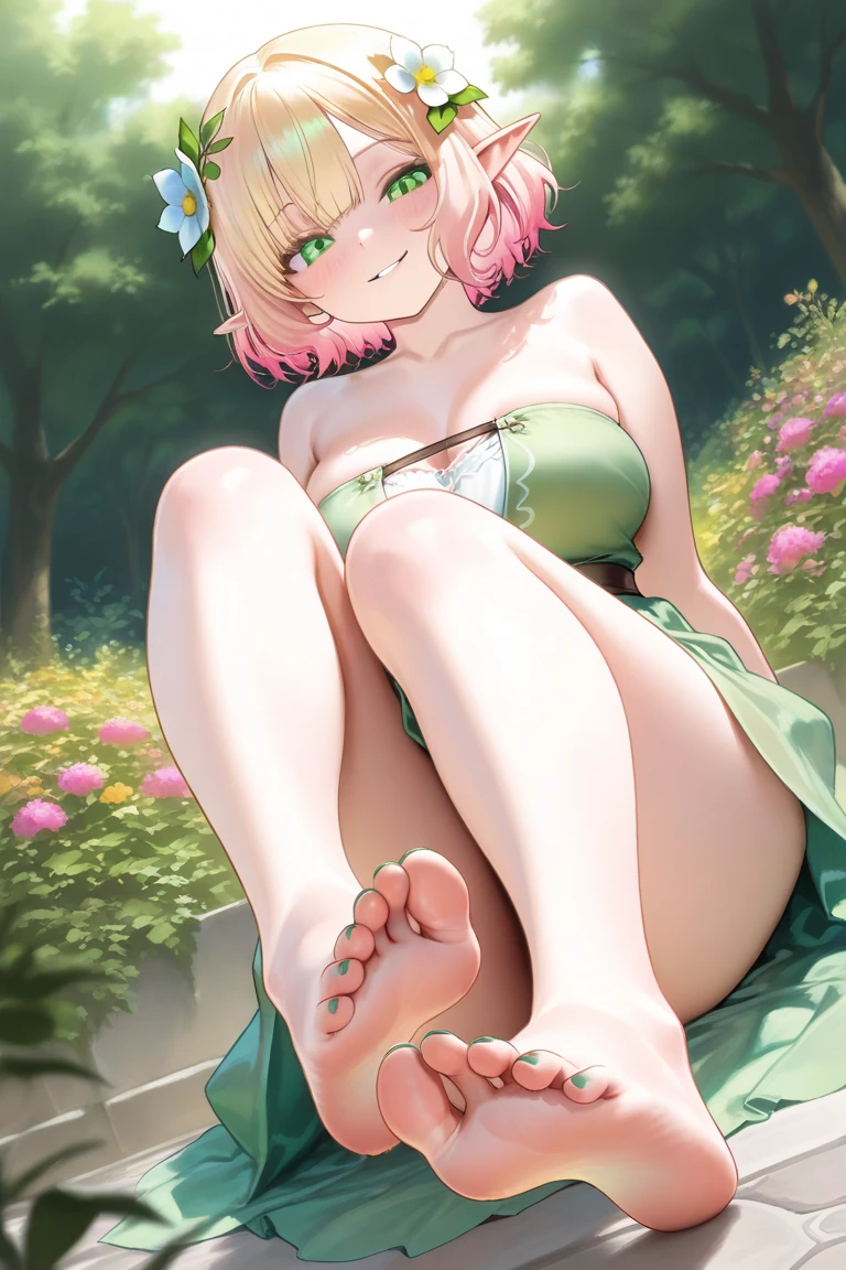 nude, flat chest, loli, outside, smiling, sunny, bright sunlight, grass, fishnet garter, masterpiece, best quality