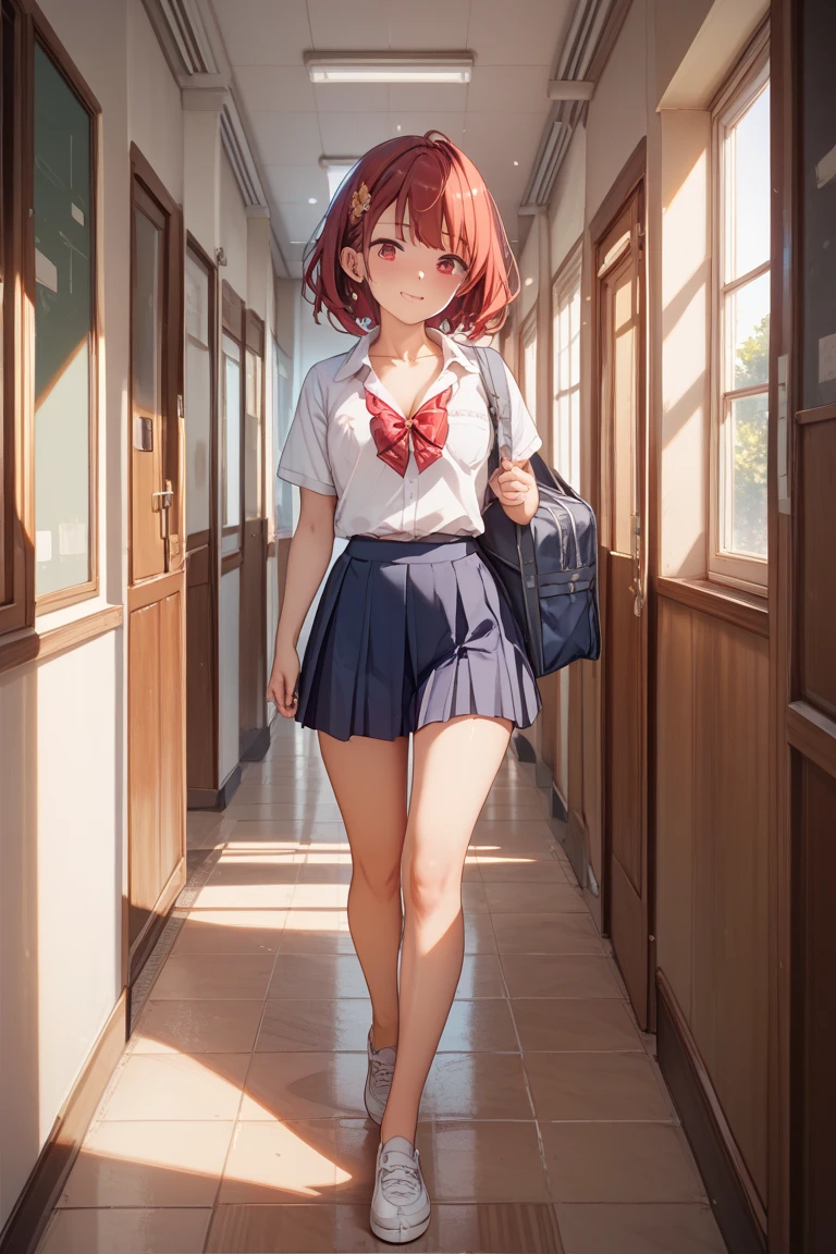Masterpiece to the smallest detail、top-quality、1girl in、Solo looks 15 years old、150cm petite beautiful girl、small tits、15-year-old baby face、red hairs、Gradient bob in the forward、Pink and violet mesh、red eyes、Red eyes、Tall, big eyes、Outstanding looks、A lovely child、proximity、closed_mouth、a smile、red blush、full of shyness、blue headwear、Hats、pink bowtie、school uniform、 Blue jacket、jaket、skirt by the、Gray skirt shirt、white shirt、an legs、Black socks、sitting on、Classroom、hair_ornament、looking_at_viewer、beatiful detailed eyes、Akame、panties on、lift up one's skirt、Professional effects、
