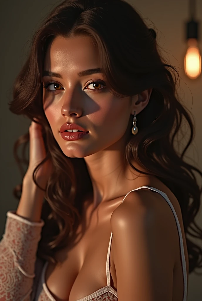 ((Best quality, 8k, Masterpiece :1.3)), 1girl, Pretty woman with emphasizing slender abs :1.3, (random hairstyles, Huge breasts :1.2), Casual outfit :1.2, Indoor, Ultra-detailed face, Detailed eyes, Double eyelid