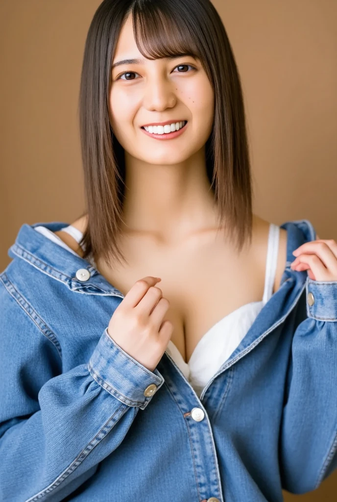 One Young Woman、Female figure from the front from the top of the head to the thighs、Cow girl、T-shirt with short hem、low rise jeans、The navel is visible、The navel does not hide in jeans、Slender single-eyelid eye、thin lipss、Streaky nose with nostrils not pointing upwards、Skinny、thin lipss、 The woman's face is clearly visible、Smaller chest、Constricted waist、face facing front、 Elongated eyebrows、The top of the head is not hidden、adult lady、Slender but well-proportioned system、Hair length up to the nape of the neck、Both eyes are not hidden by the hair、lips are not thick、eyebrows are not thick、Hair growing around the arms and navel、Shave marks on the sides、The moment you take off your shirt、The navel is visible、Dazzling smile