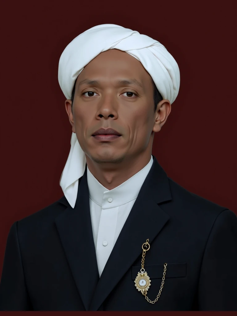 Indonesian Muslim man, aged 40 years or over, wrinkled brown skin, wearing clothes with the nuances of the great king of Mataram, kanigaran type clothes, high head covering. long small eyebrows, slightly thick lower lip, small slightly flat nose, natural clear eyes, natural thick black mustache. HD quality realistic images.