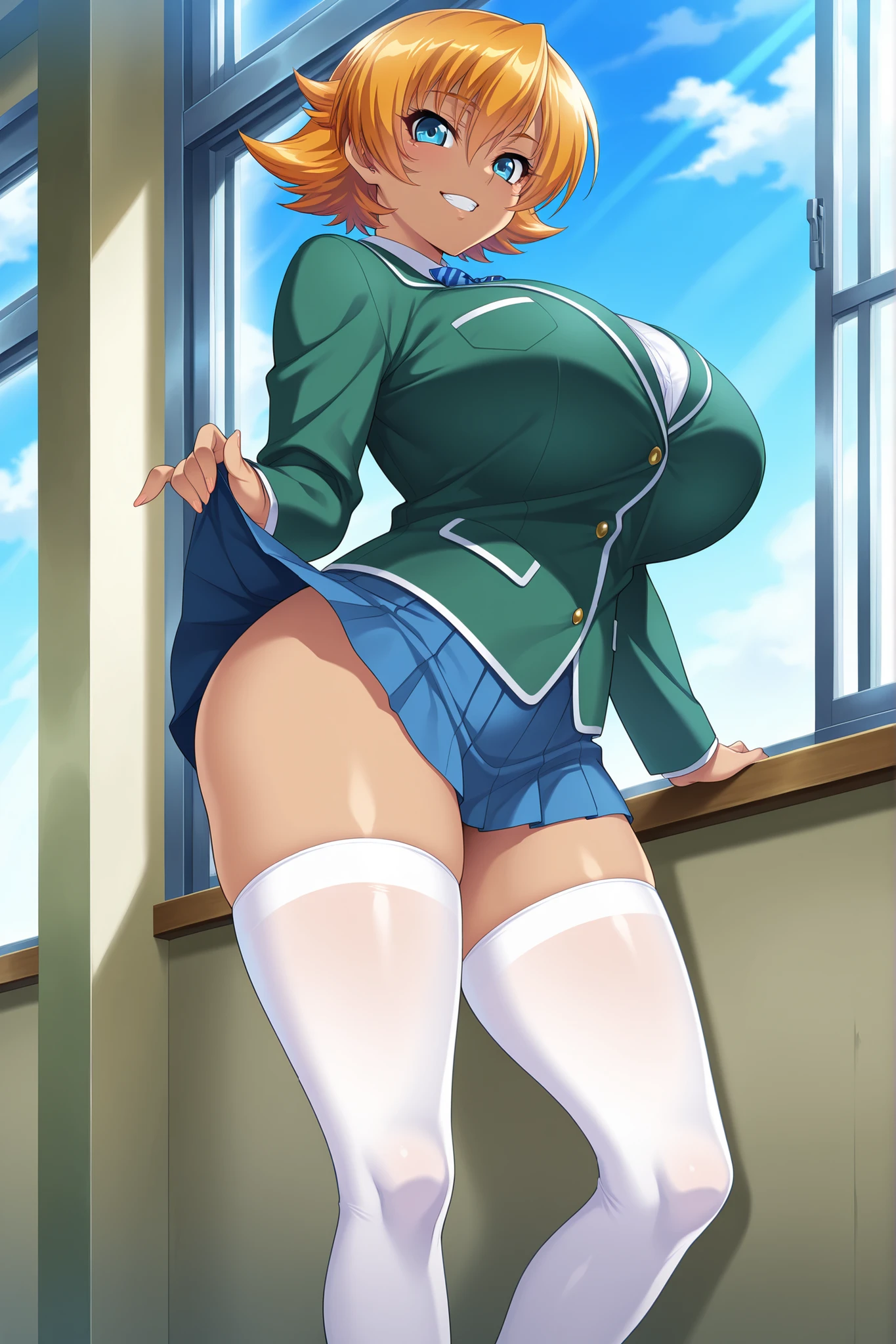 masterpiece,best quality, amazing quality, very aesthetic,anime screencap ,1girl,solo, Igawa Sakura,orange hair, short hair, flipped hair, blue eyes,curvy, huge breasts,school uniform, green jacket, pleated skirt, microskirt, loafers, white thighhighs, open window, blue skies,classroom,school,standing,hand in pocket, cowboy shot, looking at viewer,grin,skirt_lift