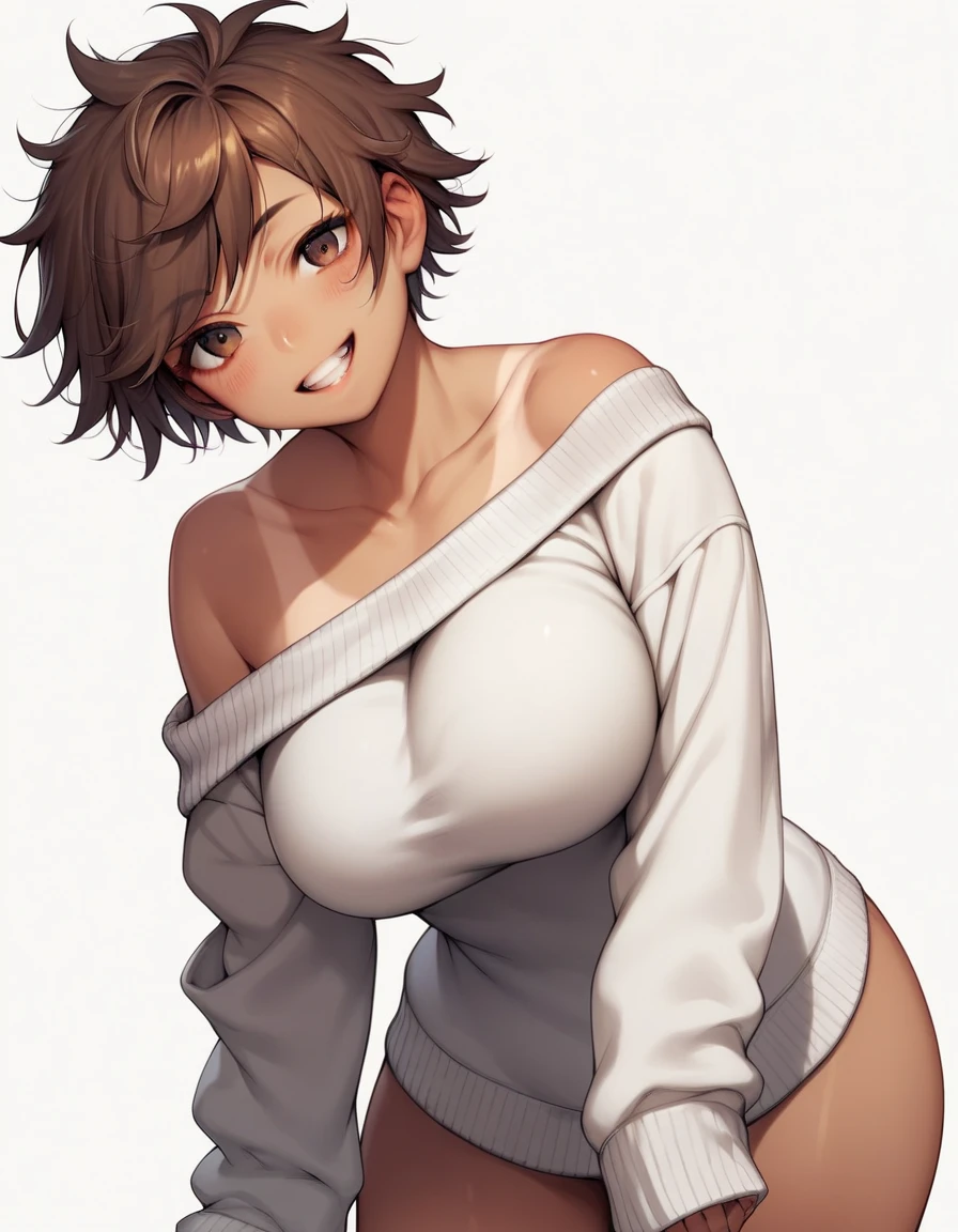 Score_9, score_8_up, score_7_up, score_6_up, gyaru, source_anime, 1girl, solo, white background, brick wall backdrop, upper body, looking at viewer, BREAK, earrings, BREAK, thin pink lips, tanned skin, pink makeup, ribbed sweater, fur trim, bare shoulders, off shoulder, white choker, hairclip, midriffchan, tomboy, midriff, thighhighs, (dark skin), choker, (blue jacket), sunglasses on forehead, ahoge, piercings, toned, (short brown hair), gigantic huge breasts