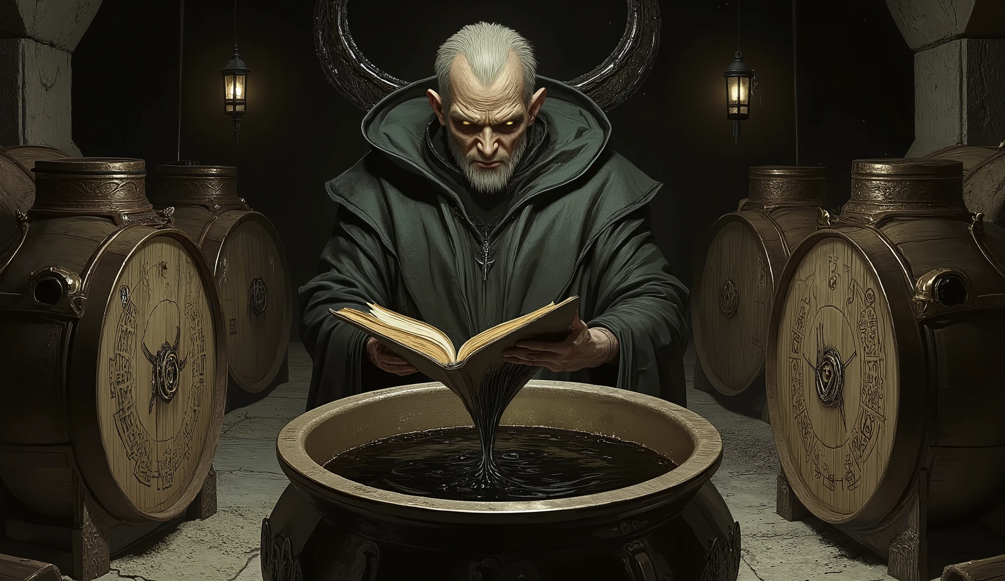 rompt:
"Deep beneath a forgotten monastery, the brewery stands—a cathedral of stone and shadow, lit by smoldering braziers and lanterns filled with ever-burning pitch. Fermenters tower like arcane engines, their riveted shells humming with forbidden resonance. Barrels line the walls like sarcophagi, each sealed with wax and sigils that crawl under the eye.
In the center broods a massive Cauldron, forged from an alloy lost to time and inscribed with runes that pulse when no one watches. Its black contents churn with unnatural life—an eldritch brew that murmurs in dead tongues. Rising from the ichor, a shapeless being takes form—part divine, part nightmare, dripping with the Cauldron’s dark essence.
Before it kneels the monk—a gaunt, robed figure whose face is half-obscured by age and sanctity turned sour. His trembling hands clutch a cursed tome, bound in unknown leather and sealed with brass clasps that twitch. As he reads, the symbols within shift and writhe, whispering secrets never meant for the human soul. His mouth moves in forgotten chants, calling down knowledge older than the stars.
The stone trembles. The beer ferments time. The thing in the Cauldron listens."
Style: Eldritch medieval fantasy—highly detailed, grim, arcane. Echoes of dark monasteries, forbidden alchemy, and pre-human gods woven into the aesthetic. Ancient, unsettling, and sacred in the most profane way.
Negative Prompt:
"bright, modern, cheerful, cartoon, clean lines, low detail, flat colors, high-key lighting."