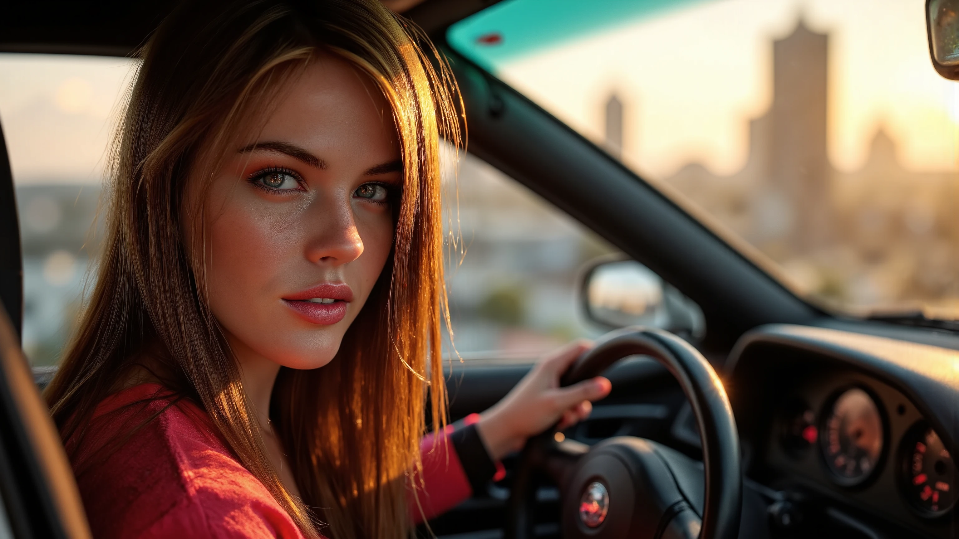 Close-up shot of a super-powered girl's intense gaze, eyes aglow with energy, as she expertly pilots her sleek light ship amidst the golden hour sky. The warm sunlight casts a radiant glow on her determined face, illuminated by the cockpit window showcasing the cityscape and distant horizon. Her hands grip the controls with precision, framed by the vibrant neon lights and sharp shadows. Ultra-detailed skin texture, complete with pores, meets the vast panorama of the city below, set against the breathtaking backdrop of a ray-traced sky. This cinematic masterpiece is a testament to the art of photorealism, capturing every detail in stunning UHD, HDR, 16K resolution, worthy of an award-winning film.
