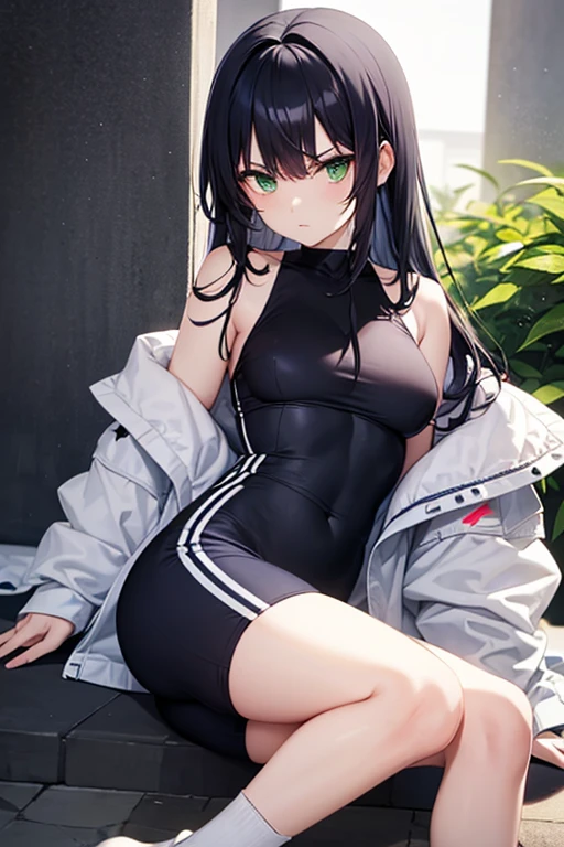 Woman with penis between her legs A woman wearing a uniform and a shiny black high-cut school swimsuit Spread your legs Vertical roll hair