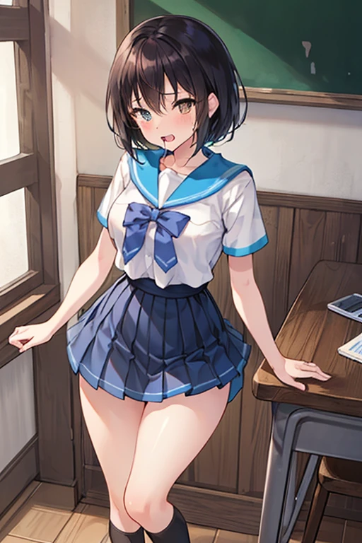 Cutesy、Get excited、Comical movement、nichijo style、smile、mischief、lure、Expectations、surprise、Shyness、School、classroom、Daytime、Cute girl , Shooting from below, One Girl, Brown Hair、Very short hairstyle, Brown eyes、Red frame glasses、White short sleeve blouse, Navy Blue Skirt, Navy blue socks, Brown Loafers,Highest quality, 4K, 8k, High resolution, masterpiece:1.2, Very detailed, Realistic, photoRealistic, photo-Realistic:1.37, High resolution, 超High resolution, Studio Lighting, Ultra-fine painting, Sharp focus, Physically Based Rendering, Very detailed explanation, Professional, Vibrant colors, bokeh