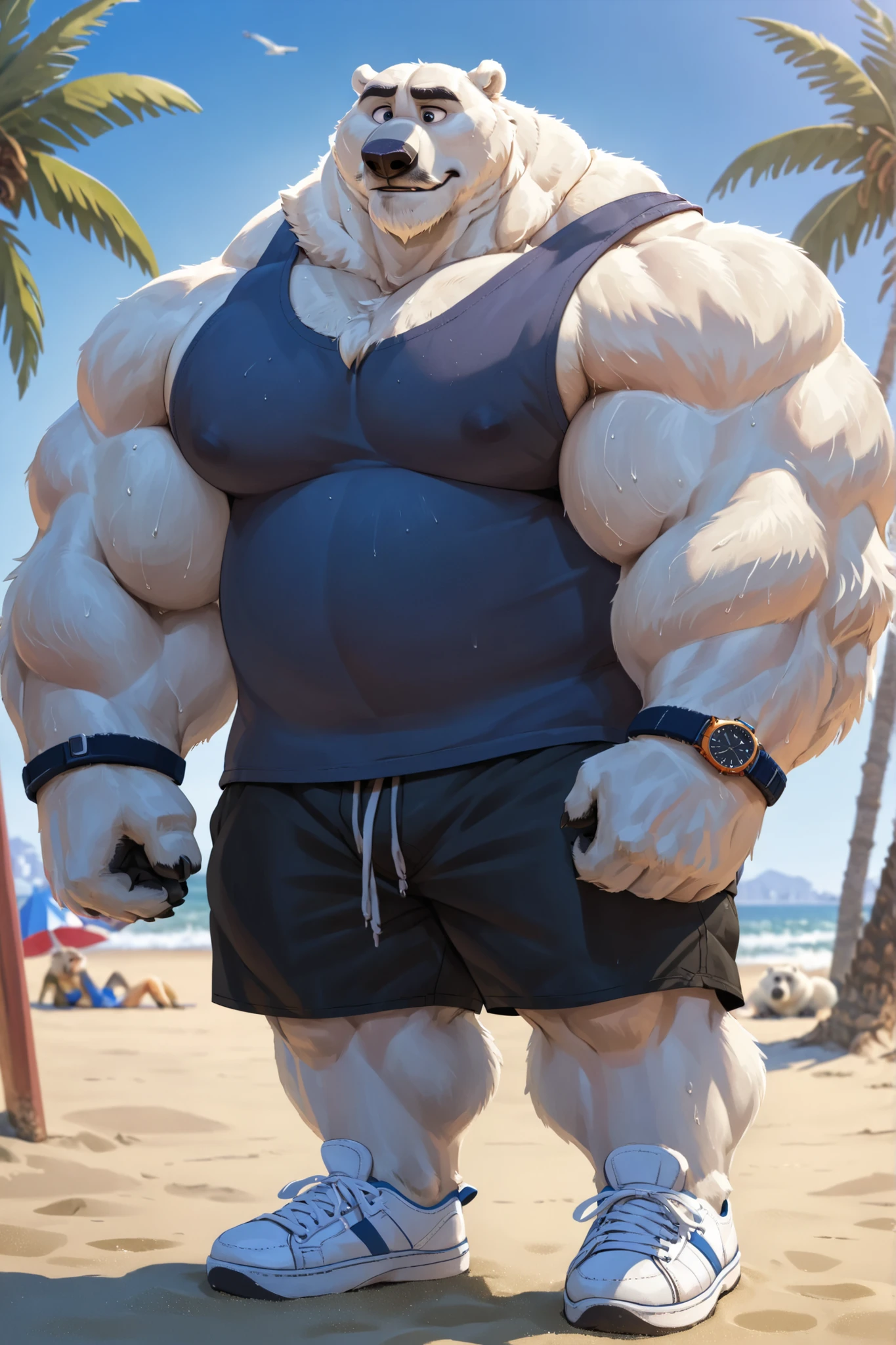 polar bear, old man, male, solo, huge muscular polar bear in L.A. beach, big feats flex, big grunting, polar bear, huge white fur, thick arm, huge arm, thick neck, detailed thick moustache and beard, Short white hair, (muscular, pectoral, wide pectoral, thick arms), height: 220cm (7’8), weight: 254kg (424lbs), beach, palm, Zootopia, masterpiece, eyebrows added, detailed eyes with pupils, (wearing black shorts, wristband, watch, blue tank top and white shoes), poses his body muscles