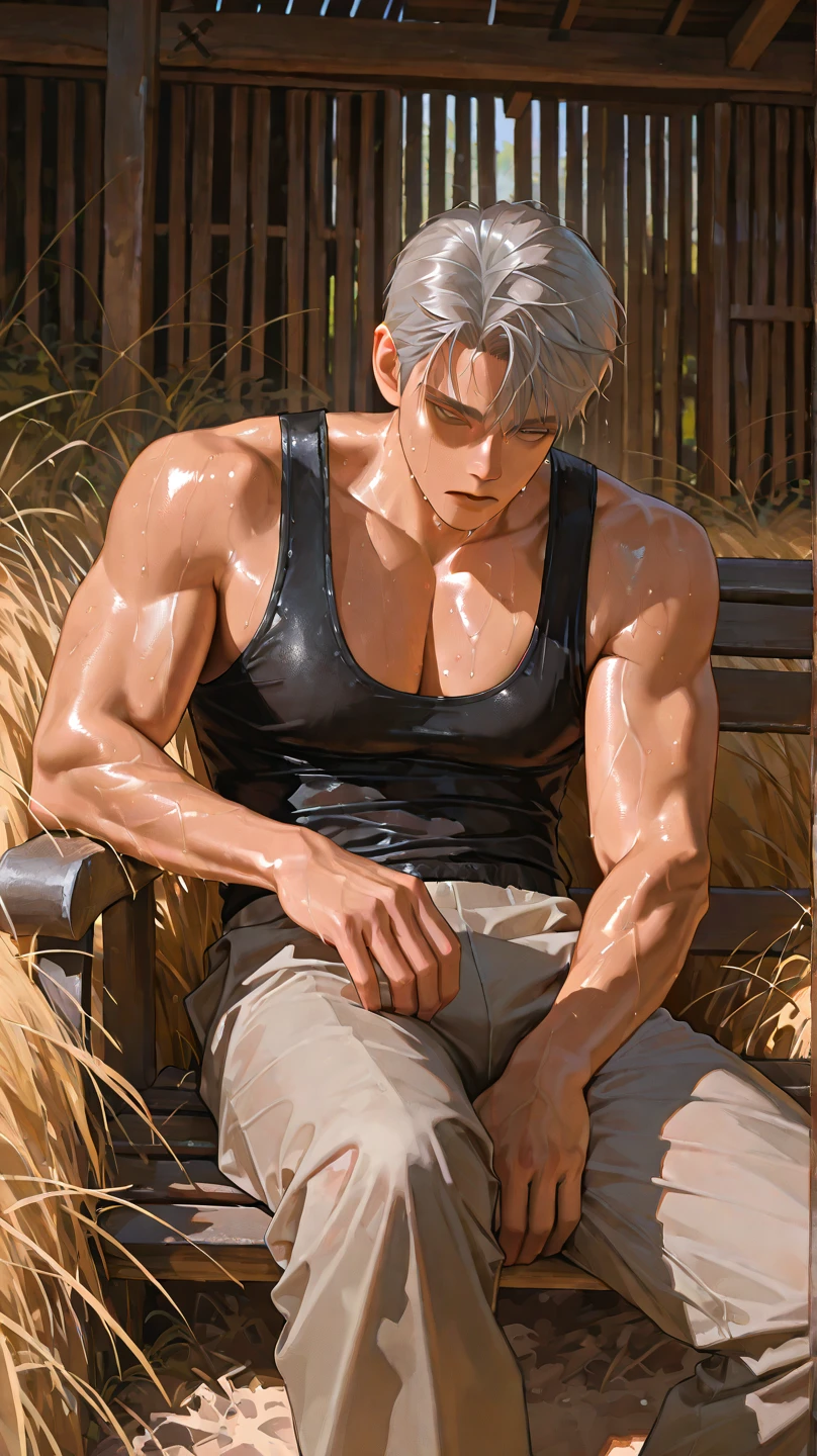 1 one man lying down in muddy water shirtless wearing black cargo pants. Handsome faces and muscular rippling bodies. Sweating. Dark muddy water. Top view.