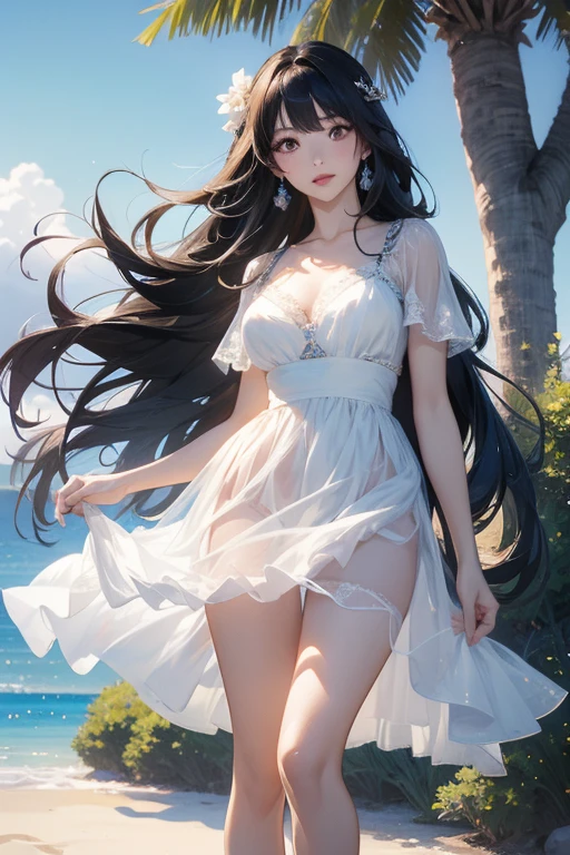 (masterpiece), (best quality), (4k resolution), (anatomy; perfect), 1 adult girl, fair skin, red eyes, (big black hair), (locks, bangs), loose hair, (light effects in hair), eyebrow, nose, ear, tight mouth, smile, (designer clothes), designer clothes, (big chest), (perfect belly), (perfect waist), thick legs, thick thighs, standing, background scenery , in the park, beautiful day, lighting, looking at the viewer