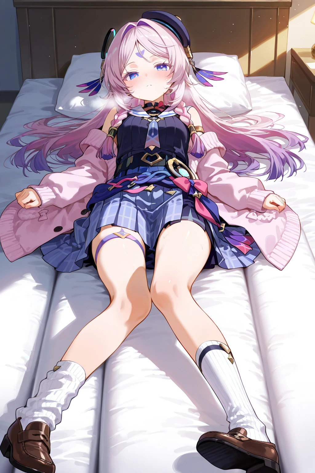 (masterpiece:1.2, Best quality), (real picture, complex parts), 1 girl, One, upper body, legs facing camera, bare soles showing legs, legs, palace, palace settings, long hair, minimal makeup, detailed face, very long blonde purple blonde hair, big plump breasts, big ass, SFV, cloth, Royal outfit, showing soles, showing legs, legs, correct foot anatomy, (palace of queen), (palace), (foot), (legs), (showing legs), (five toes each foot)