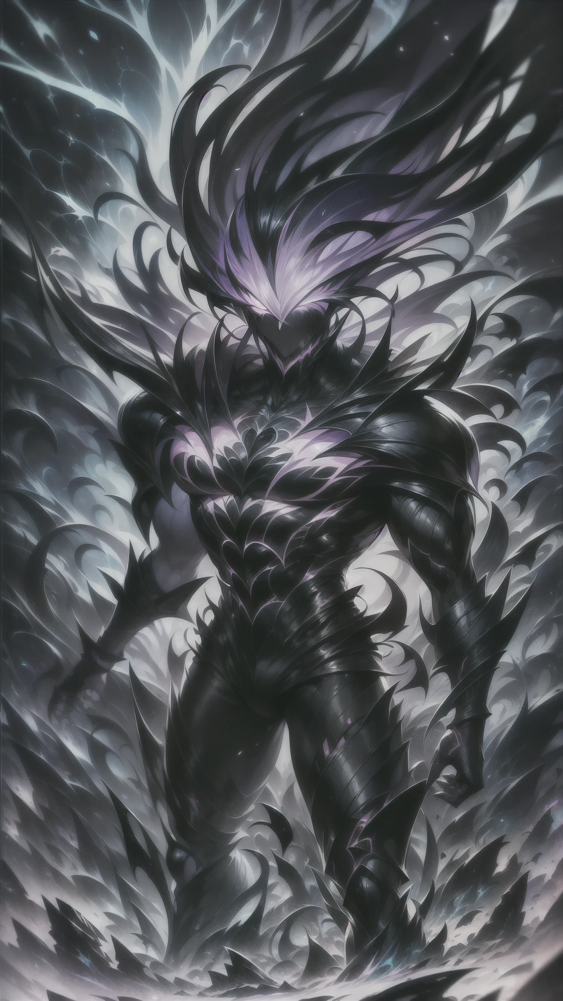 ((Masterpiece, Best quality, Ultra-detailed, 2D Anime Style, Manga Illustration)), Full-body, (Dynamic pose:1.3), (Epic composition:1.4), (Sung Jin-Woo, Solo Leveling in anime manga style), ((Short messy hair, cold, mysterious, extremely handsome)), (Wearing a long black coat fluttering dramatically, made of dark shadow material, matte with no patterns, absorbs light, emitting black aura), ((Glowing cold purple eyes, majestic expression)), (Dark shadows swirling around, forming ghostly figures of Beru, Igris, Tusk), ((Cloudy sky with thunder and lightning bursts, light reflecting on the coat)), (Battlefield in ruins shrouded in darkness), ((Powerful, mysterious, epic aura)), (High-resolution anime comic panel style, perfect for desktop/mobile wallpaper)