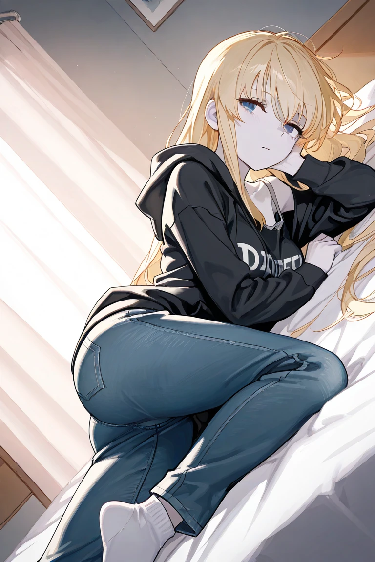 Take a picture of a very beautiful little blonde girl with blue eyes in black leggings and barefoot 