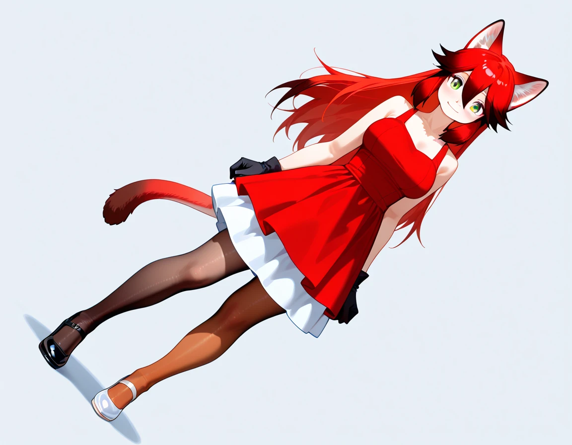 a young 11 year old girl with red hair, cat ears and tail, blue eyes, sweet, cute, petite, quiet, shy