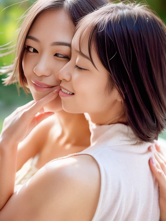 lens: 135mm f1.8, (Best image quality), (Beautiful 60 year old Japanese2Sisters and young people), (Moisturized lips), Narrow eyes, double eyelid, Delicate clavicle, Flat Chest, Shortcuts , (close:1.4) ), Embarrassment, faint smile, Dramatic lighting, (nude), (Sunburned skin: 0.2), Full body photo, Full Body Focus, Tight waist, Slim and slender figure、Anatomically correct、Live Action、smile、A neat and elegant woman、(((若い1boyとGroup Sexしています)))、hug、Licking each other、caress、Group Sex、白いベッドの上で乱れながらGroup Sex