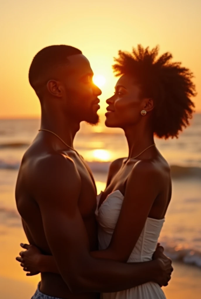 Jeune couple afro-haïtien au bord de la mer Habits, maillot de bain, Classe. Regard complice, Cadre lumineux,  idyllique, sensuel, captivant pour les amoureux 