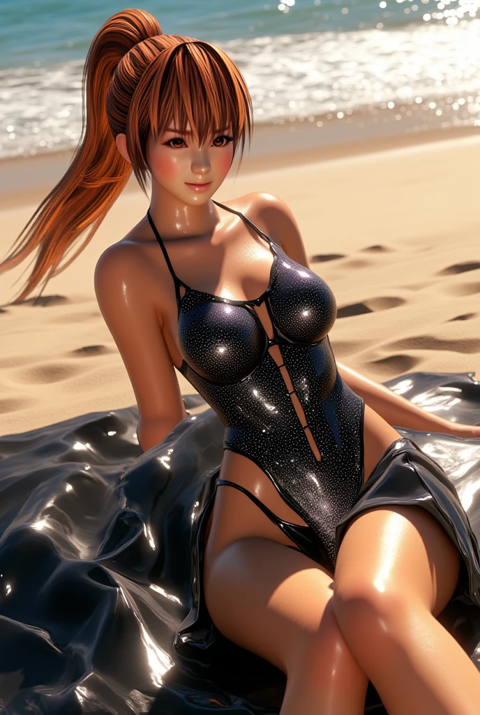 (masterpiece), high resolution, kasumi, DOA, beautiful naked woman covered in sparkling black gemstones lying on a black cloth, and open your legs,gem,Lying on a bright sandy beach , manga style,Seaside、ponytail,is embarrassing, (smile),Sunset, accurate human body depiction,sweat