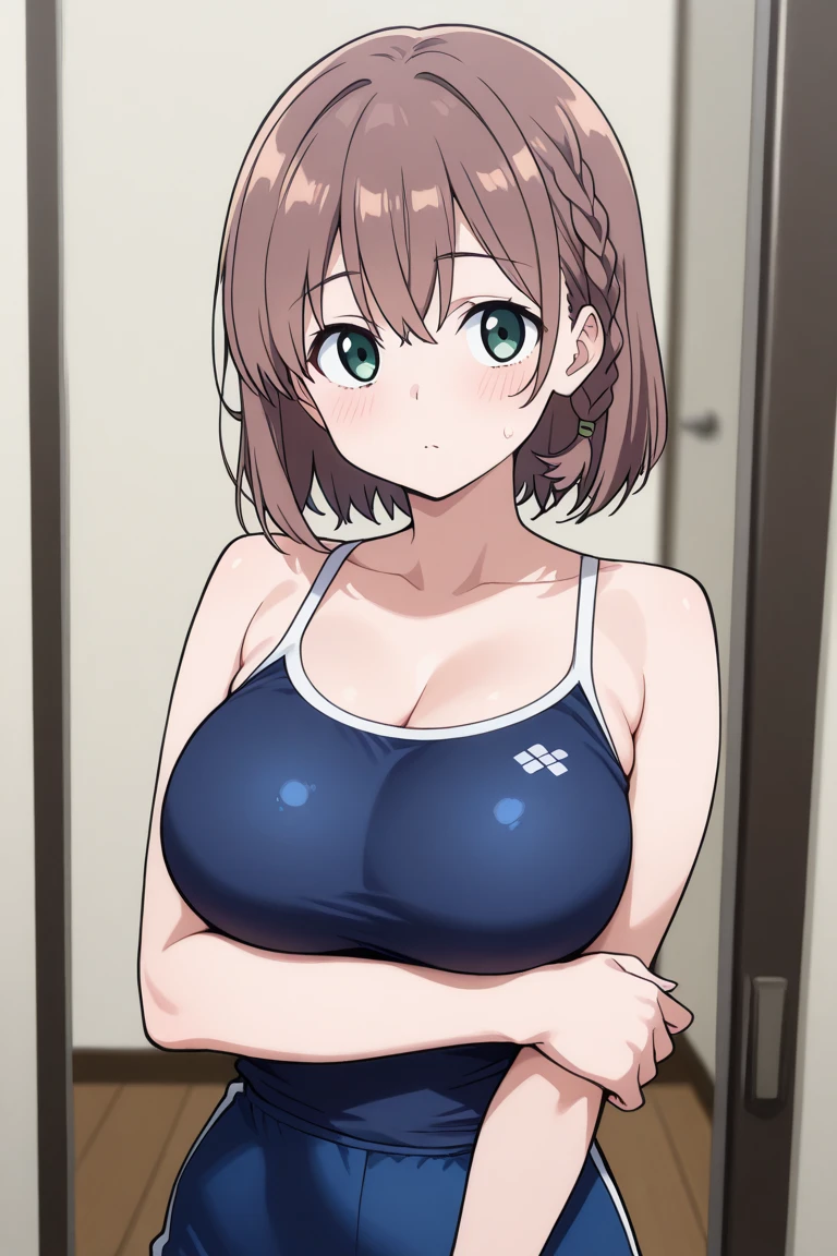 ((Masterpiece, best quality, high quality, highly detailed background)), ((wooden house:1.3, on the bed, (indoor), village, blue sky:1.3)), ((Nausicaa, mature female, (school swimwear:1.3), large breasts:1.3, nipples), ((reverse cowgirl position, straddling, facing the viewer, 1boy, 1girl, sex, penis, (motion lines), pov)), ((irritated, closed mouth, looking at viewer))