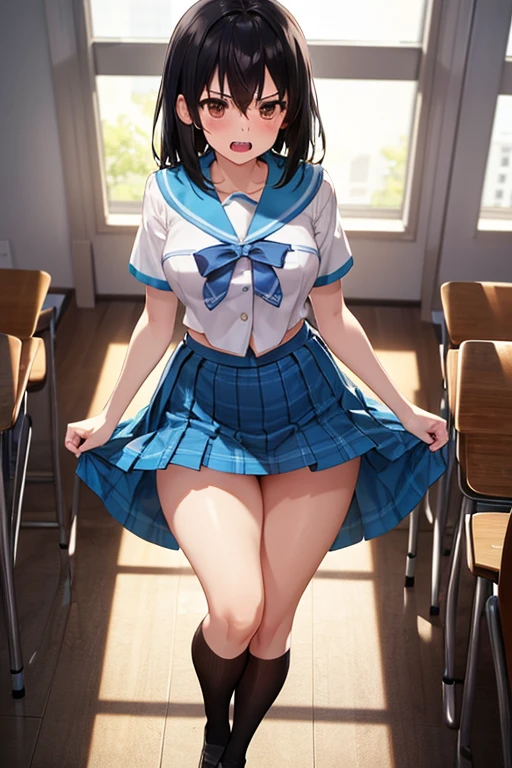 (Highest quality:1.2, Manga works, Manga style, Very detailed, Latest, Vibrant, digital coloring, High Contrast, masterpiece:1.2, Highest quality, Best aesthetics, There is), ((( 1 female:1.2)))、Random hairstyle、Random Face、Sailor suit、loafers、(White shirt、Pleated skirt、Black pantyhose、White simple panties:1.2)、pantyhose、Beautiful thighs, Open your mouth、Like sucking, Sensual look、shout、Hollow Eyes、Voluptuous bust、On a desk in the classroom、From below、Nice body、upright、Stand with your feet apart、(Urinating:1.5)