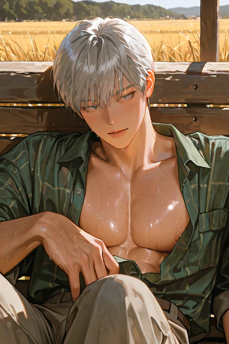 A skinny young man with white hair, green eyes, spiked hair, wearing grey pants, shirtless, sleeping on the floor of a pirate ship, top view, masterpiece, 8k, detailed art