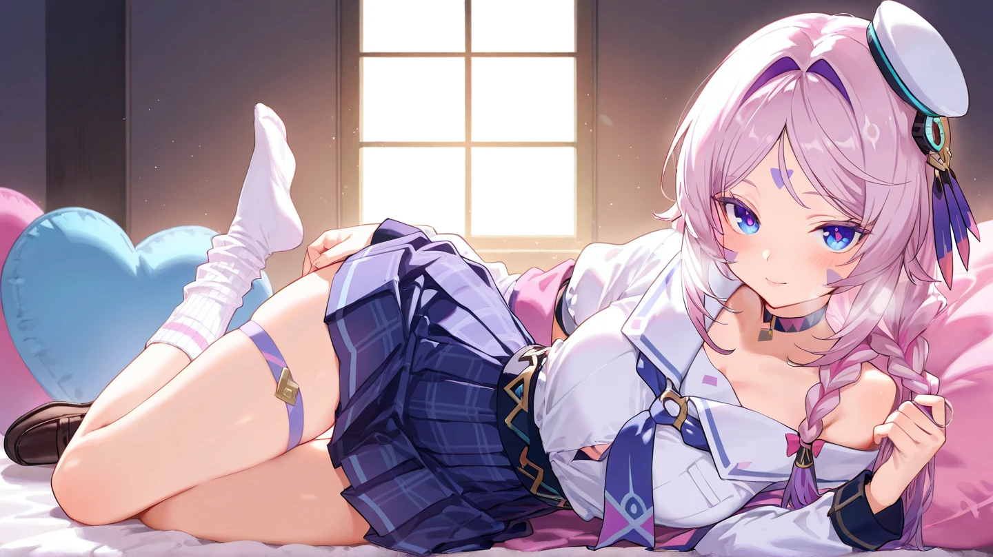 Best quality, fille, sexy, regarder le spectateur, chemise de nuit, seductive smile, cheveux longs, dans le lit, lift her skirt slightly