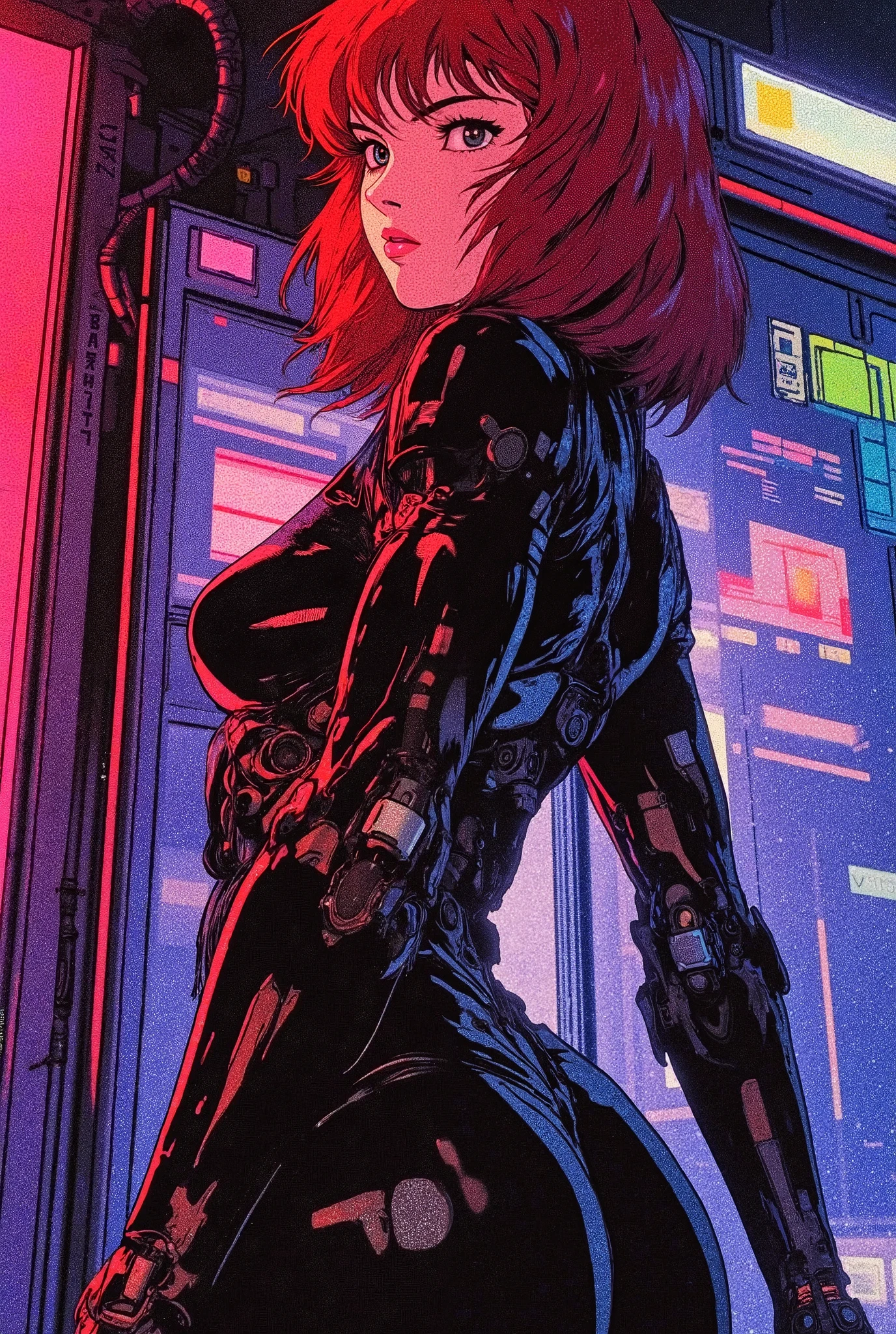 (masterpiece:1.2,Outstanding quality,Mirror finish, cinematic experience,Super detailed),16k,wallpaper,( semi-realistic android woman),(front:2.0),(Upper body close-up:2.0), flat color,( Cyberpunk ),( Anime Artwork), beautiful gradation ,( perfect proportions),( red hair:2.0),( shiny black bodysuit ),( standing ),(Dark blue eyes:2.0)