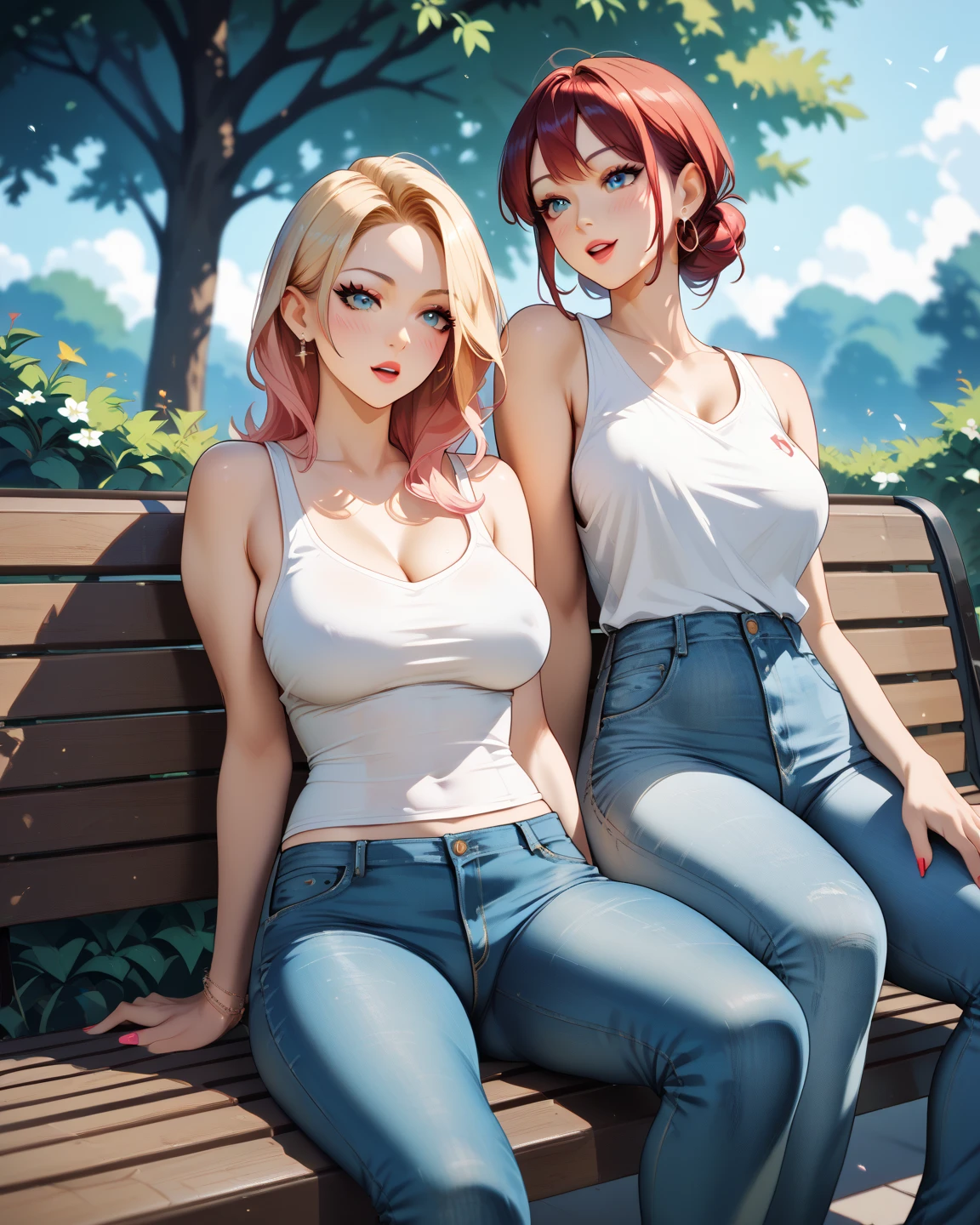 A imagem retrata duas amigas ruivas, cada uma com longos cabelos vermelhos, encontrando-se em um parque ensolarado. They're standing, Embraced, com sorrisos radiantes em seus rostos. Suas roupas refletem seu estilo individual, com uma vestindo um vestido florido e a outra usando jeans e uma camiseta solta. Their eyes sparkle with joy as they are reunited after so long, and it is evident that the friendship between them is strong and true.

Ao fundo da imagem, It is possible to see green trees full of leaves, that provide soft shadows on the ground. The sky is blue and cloudless, representando um dia perfeito para esse reencontro. The two friends are surrounded by a quiet and welcoming environment, com bancos de madeira e flores coloridas ao redor.

Nesse momento, They share stories, heartfelt laughter and hugs, reliving memories and updating each other about their lives. The image conveys the joy and excitement of this special reunion, showing the unique and lasting connection between these two red-haired friends.