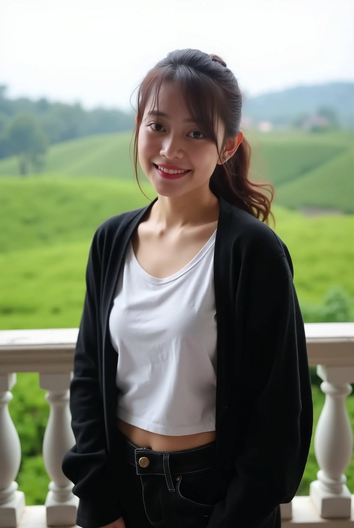 An Indonesian girl wears a black cardigan, white t-shirt, black skinny jeans, body big round tight, located on the balcony of the room with a very beautiful view of the tea plantation in the background, body shape big round breasts , hair in ponytail loose , very cheerfully ecstatic face with a sweet smile a little cheeky teasing, the camera is a bit far away to display her whole body