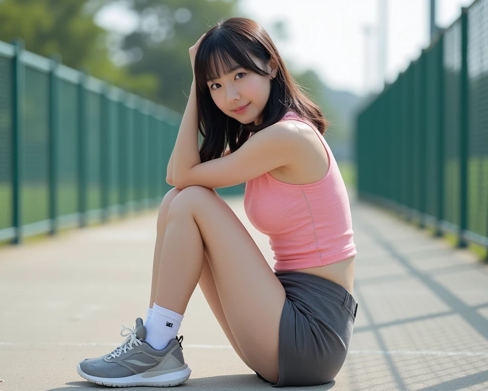 (8K, RAW Photos, Highest quality, masterpiece:1.2), Super detailed, Ultra-high resolution, (Realistic, Photorealistic:1.37) , High-definition RAW color photos, Professional photos, Very delicate and beautiful, Very detailed, 8k wallpaper , (Beautiful and detailed eyes:1.1),(Beautifully detailed face:1.1),Anatomically correct body shape , Fine and beautiful skin,Skin Texture , From Bottom,Full Body Shot , looking at the camera , Natural light , 1 person , woman , Japanese , 20-year-old , E cup bust , Slim waist , , Shiny Hair , (High Ponytail,Blonde:1.15) , Shy Smile , Tank top, (mini skirt:1.15) , , , , (Sit on your heels:1.2) , (Spread legs pose:1.1) , (Show Panties:1.15) , (Knees are high:1.12) , (Emphasize the thighs:1.1) ,(Emphasize the armpit:1.1), Sharp focus , The background is a realistic street